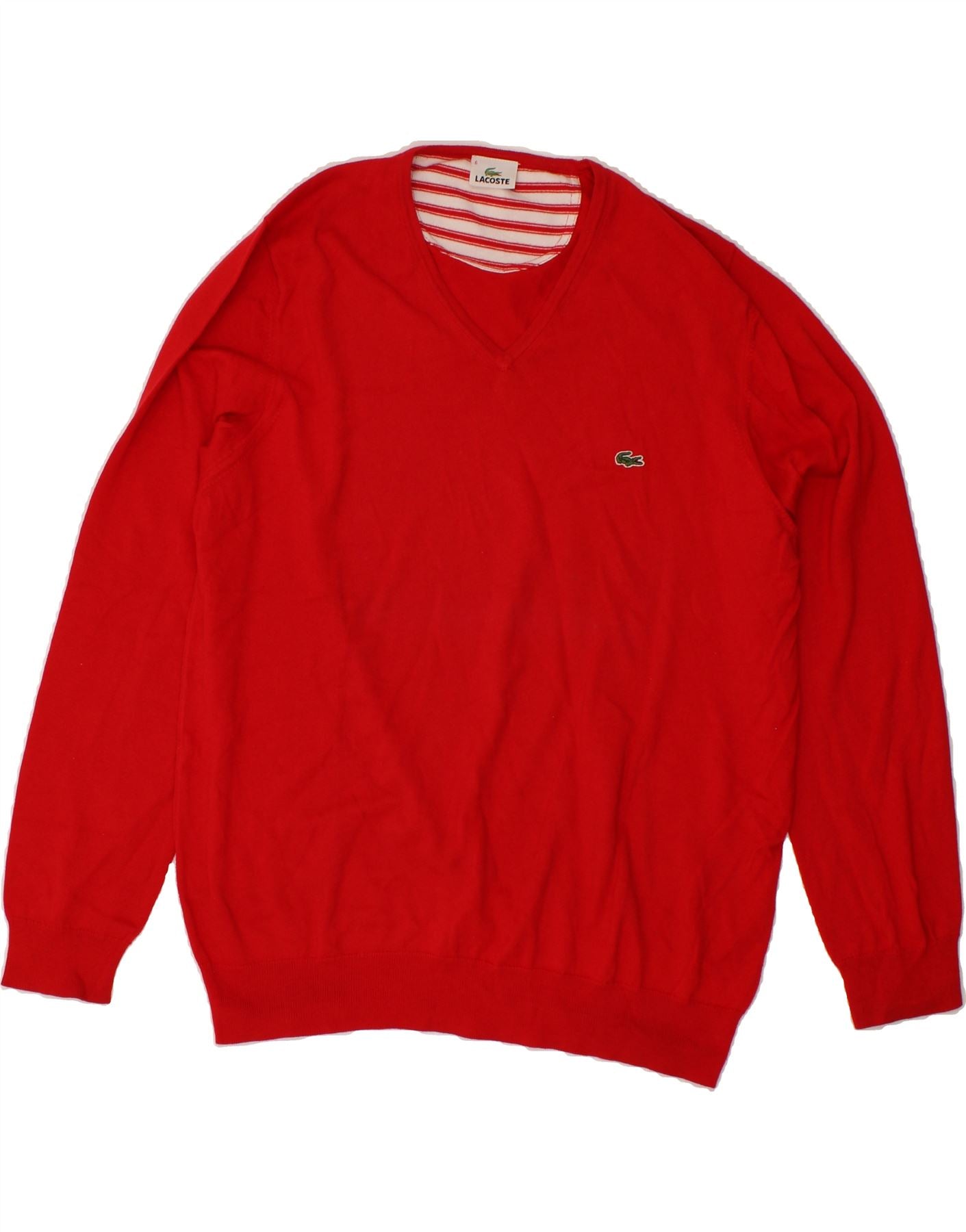 Image of LACOSTE Mens V-Neck Jumper Sweater Size 6 XL Red Cotton