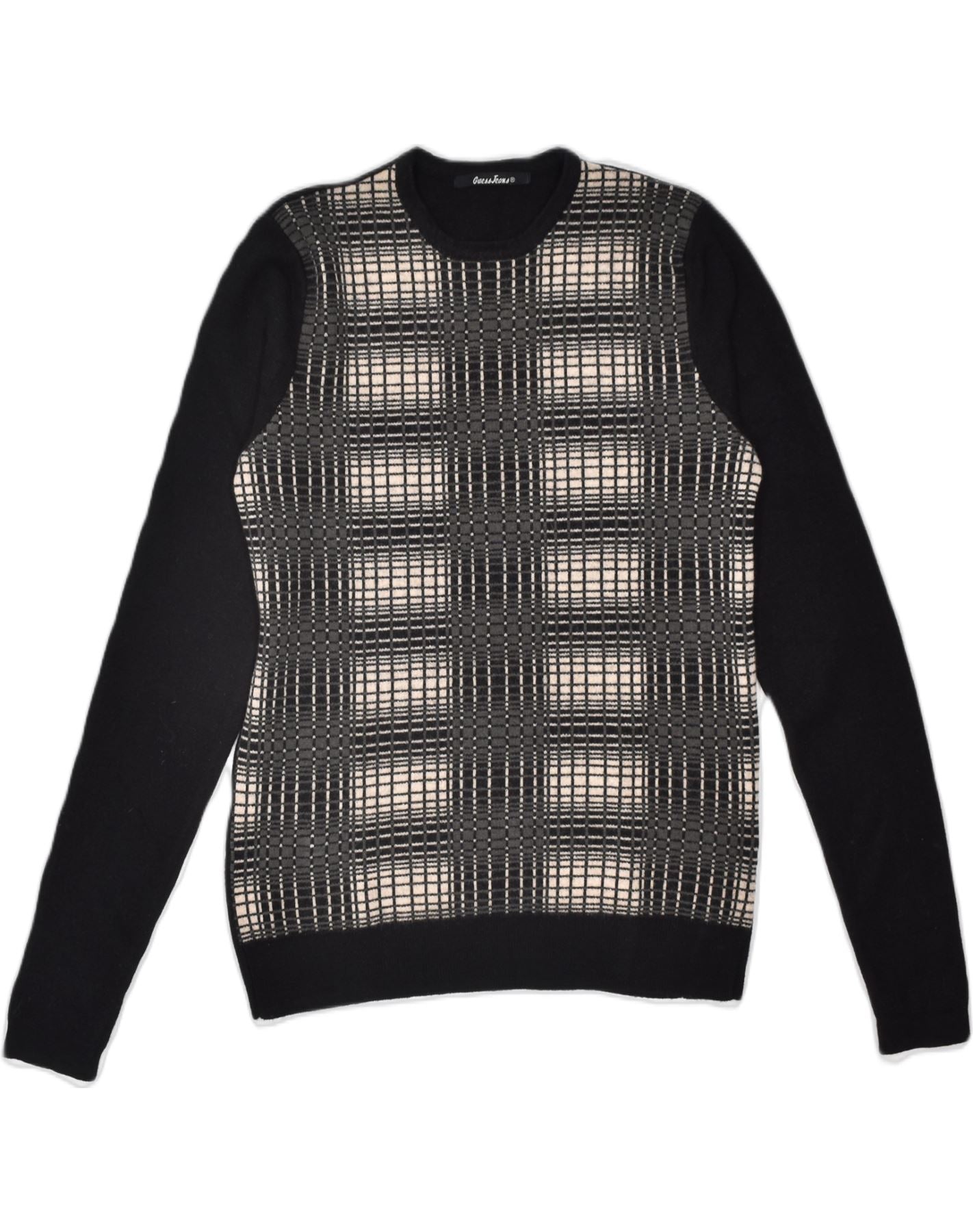 image of GUESS Womens Crew Neck Jumper Sweater UK 16 Large Black Geometric Wool