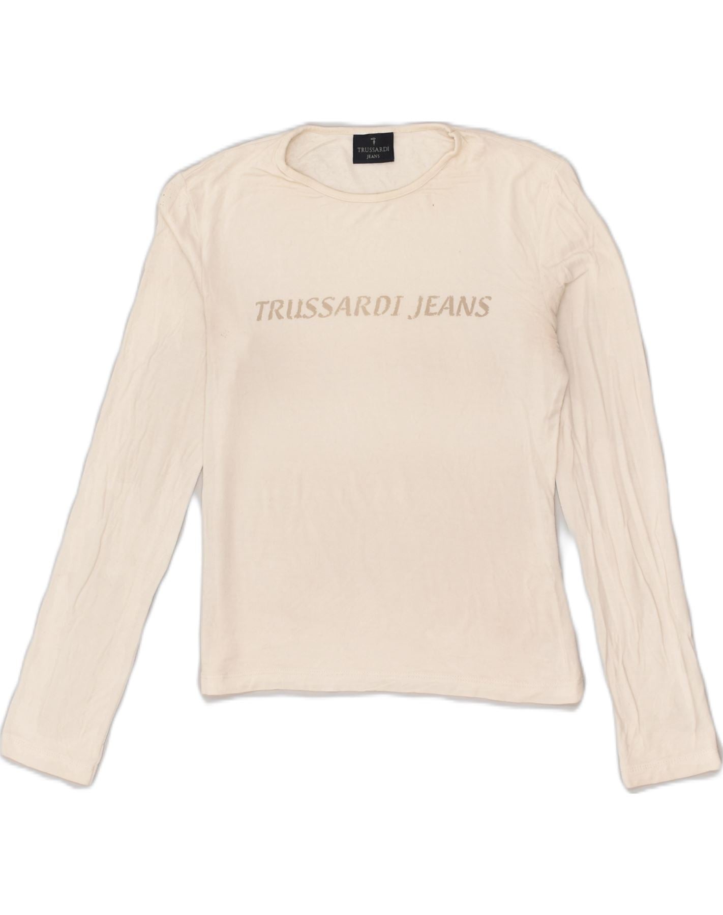 Image of TRUSSARDI JEANS Womens Graphic Top Long Sleeve UK 6 XS White Viscose