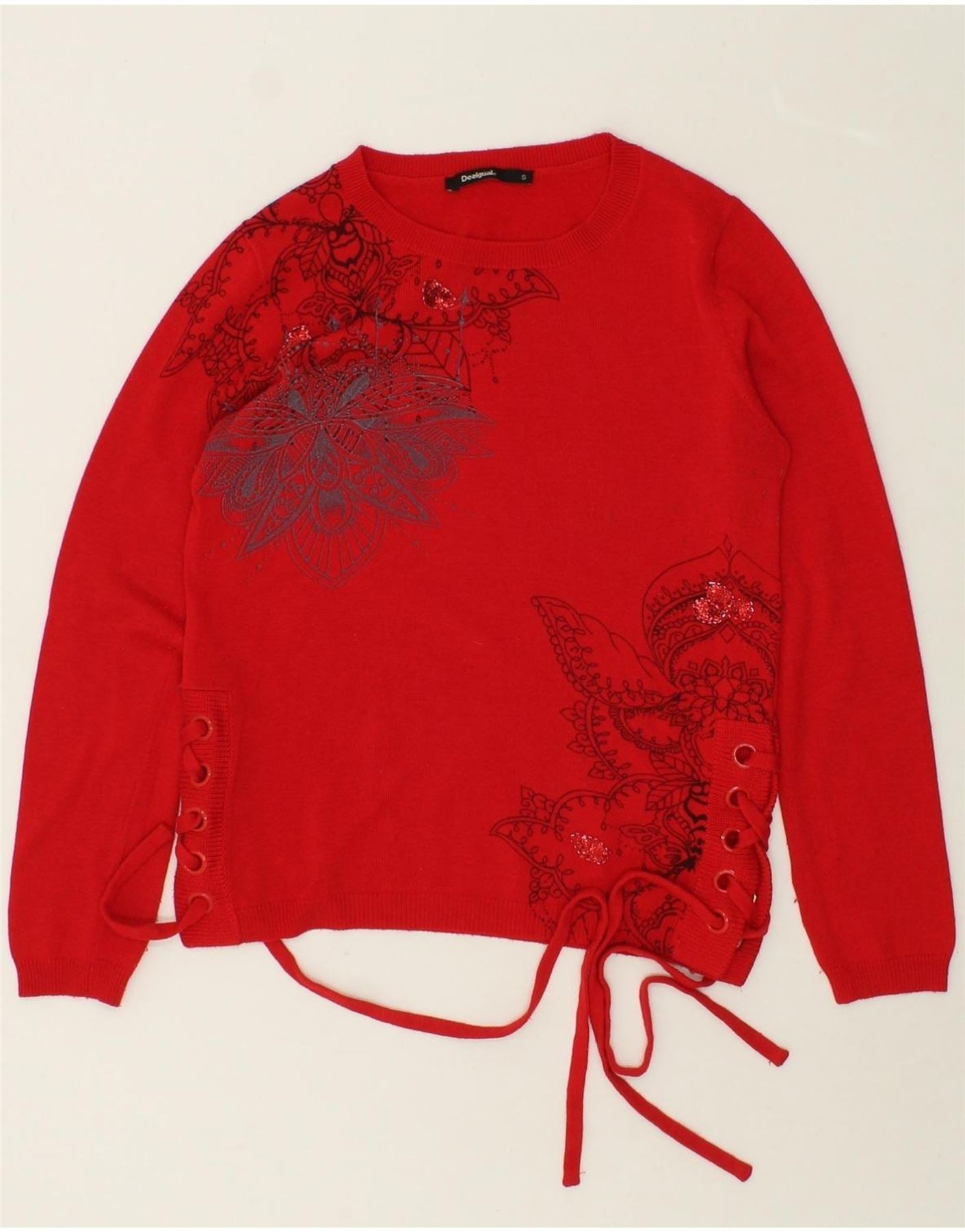 image of DESIGUAL Womens Boat Neck Jumper Sweater UK 10 Small Red Paisley Acrylic