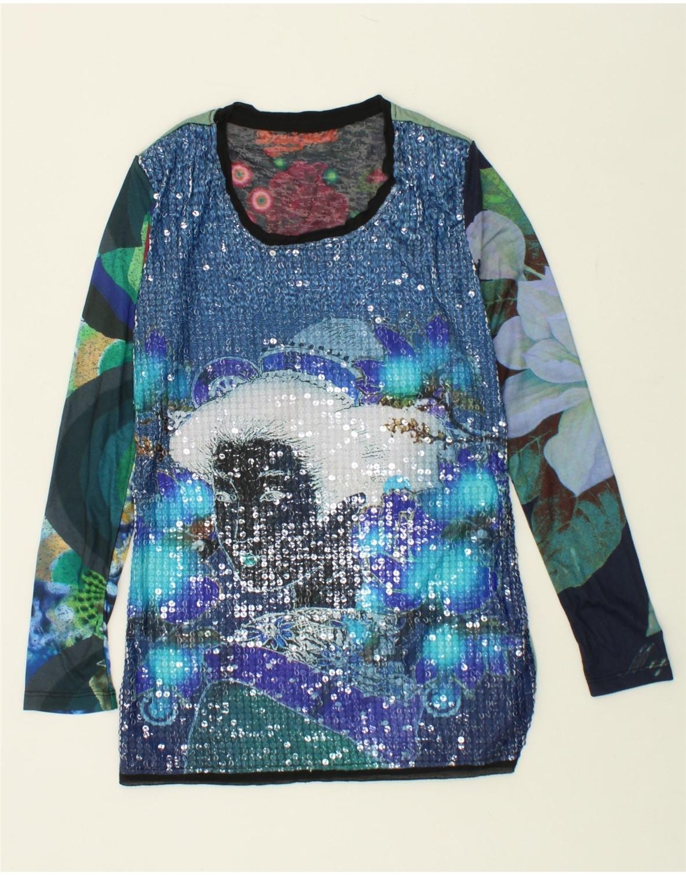 image of DESIGUAL Womens Sequin Graphic Top Long Sleeve UK 18 XL Blue Floral