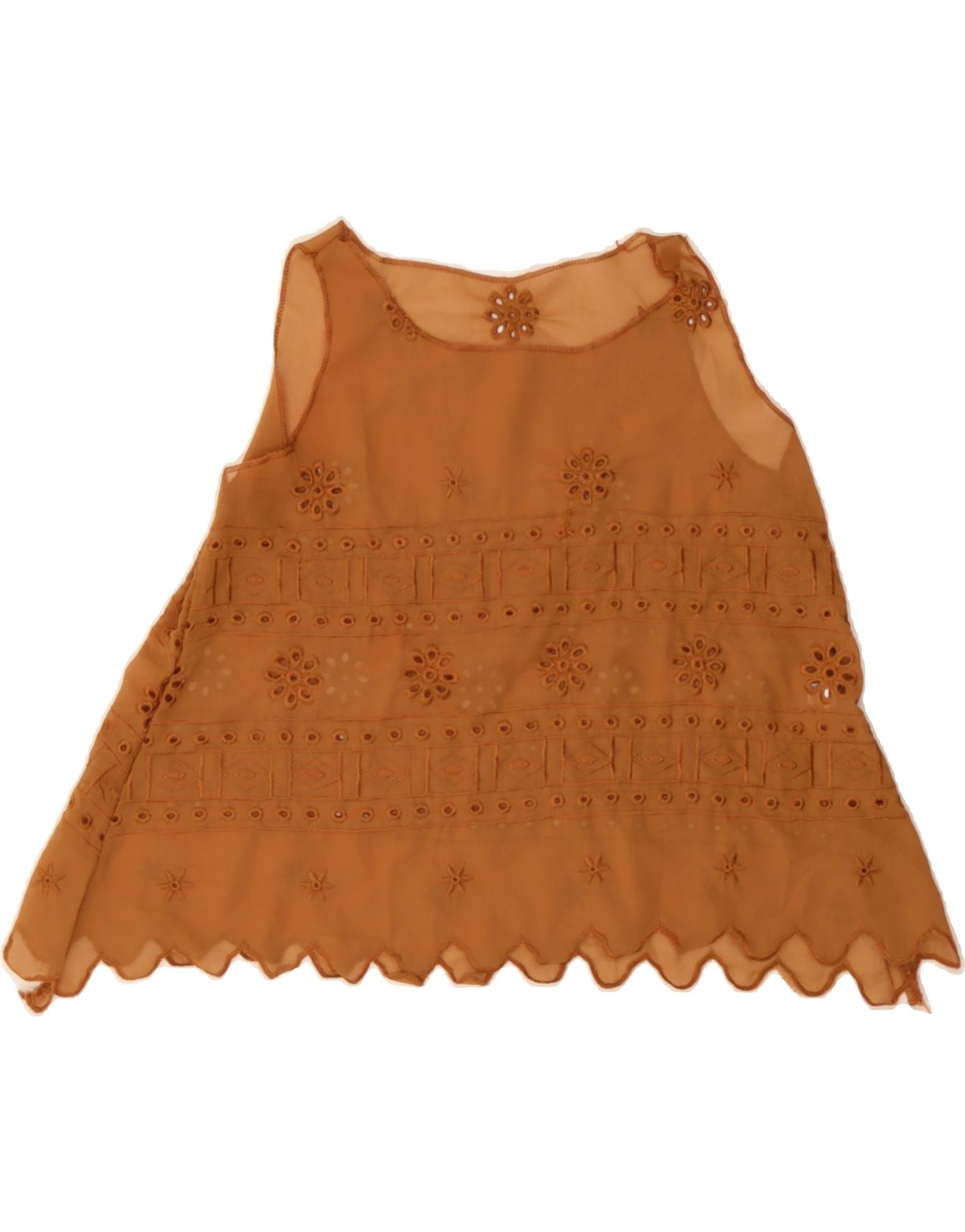 image of VINTAGE Womens Sleeveless See Through Top UK 16 Large Brown Floral