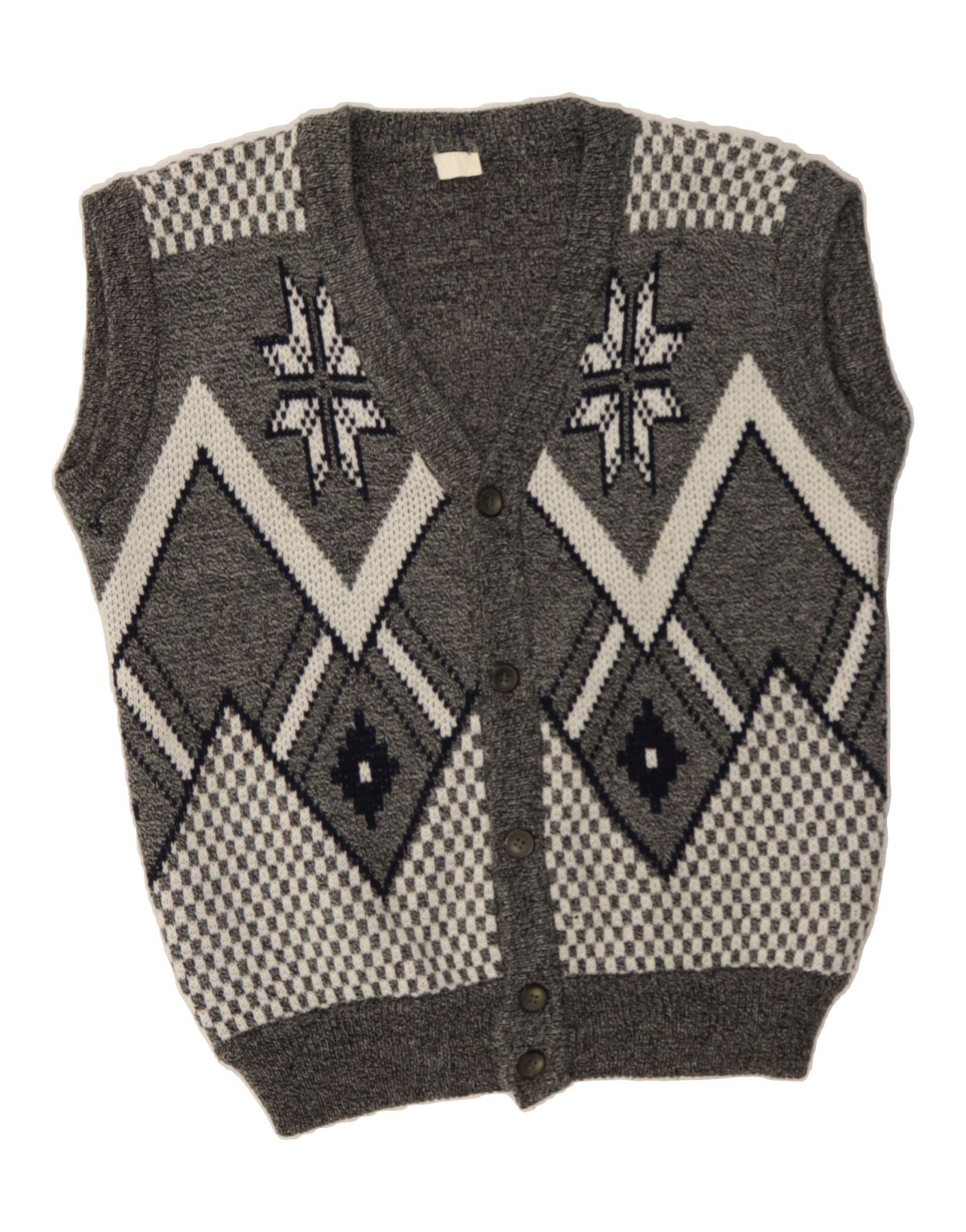 image of VINTAGE Mens Sleeveless Cardigan Sweater XL Grey Fair Isle