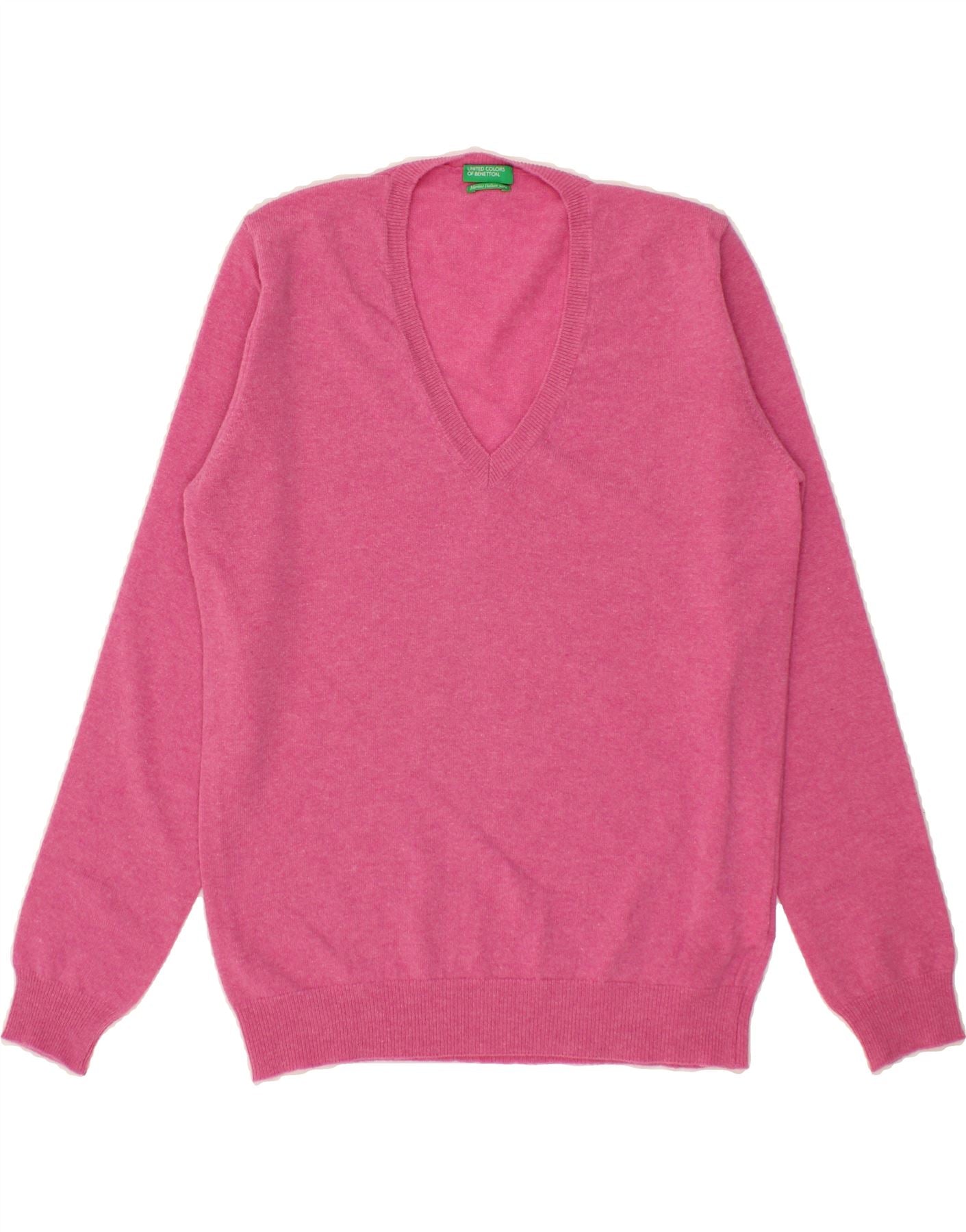 image of BENETTON Womens V-Neck Jumper Sweater UK 14 Large Pink Virgin Wool