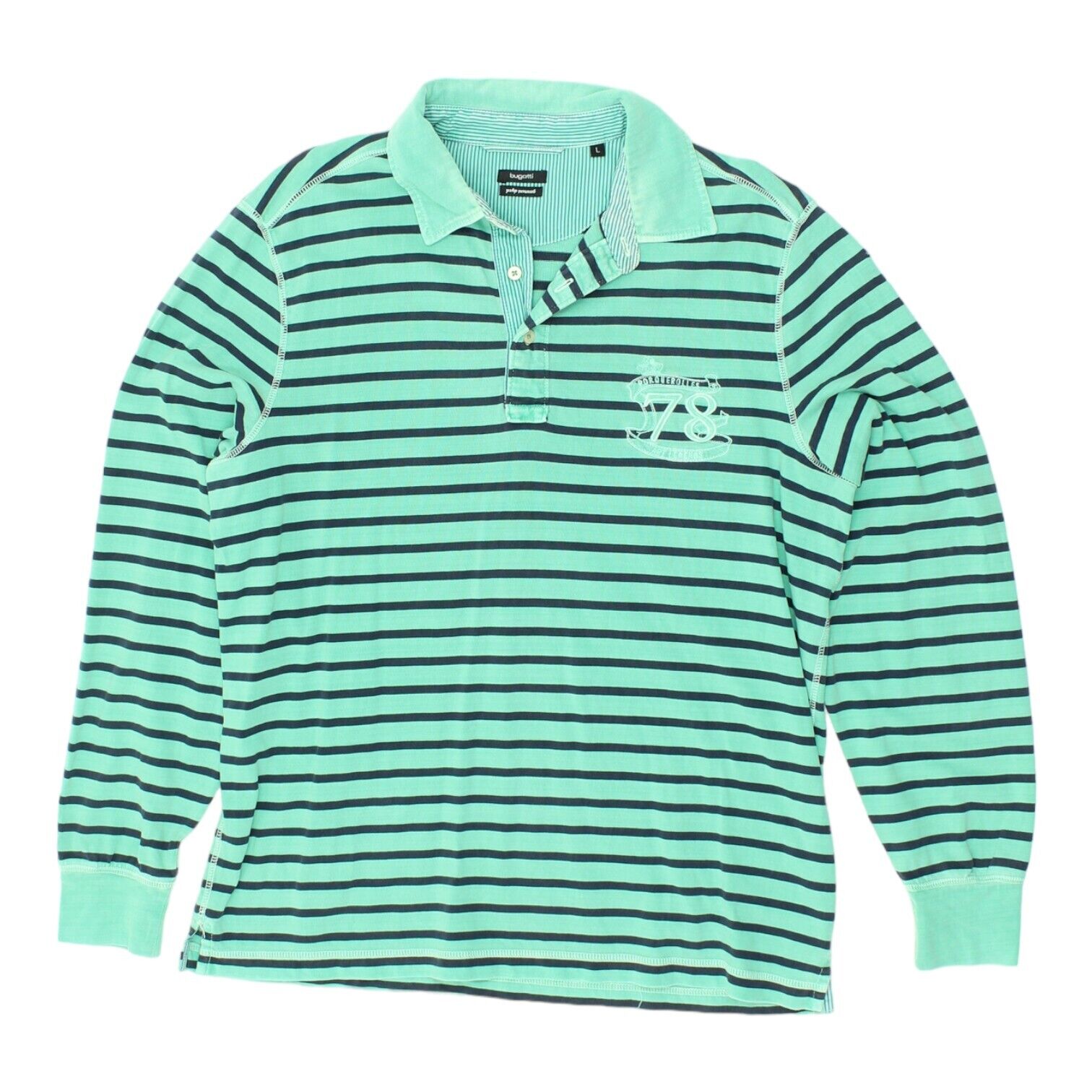 image of Bugatti Mens Green Striped Long Sleeve Polo Shirt | Vintage Casual Designer VTG