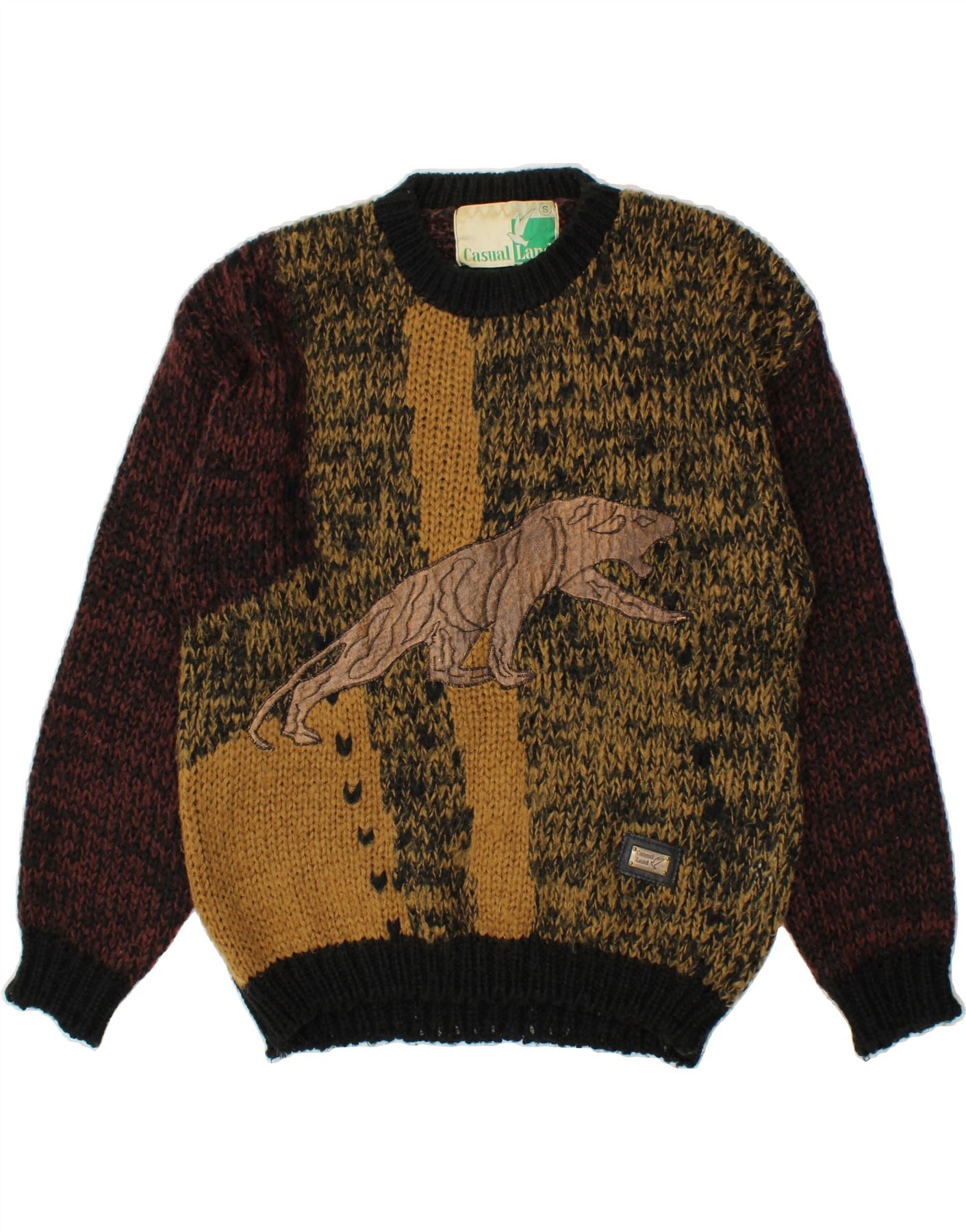 Image of VINTAGE Mens Graphic Crew Neck Jumper Sweater Small Brown Colourblock