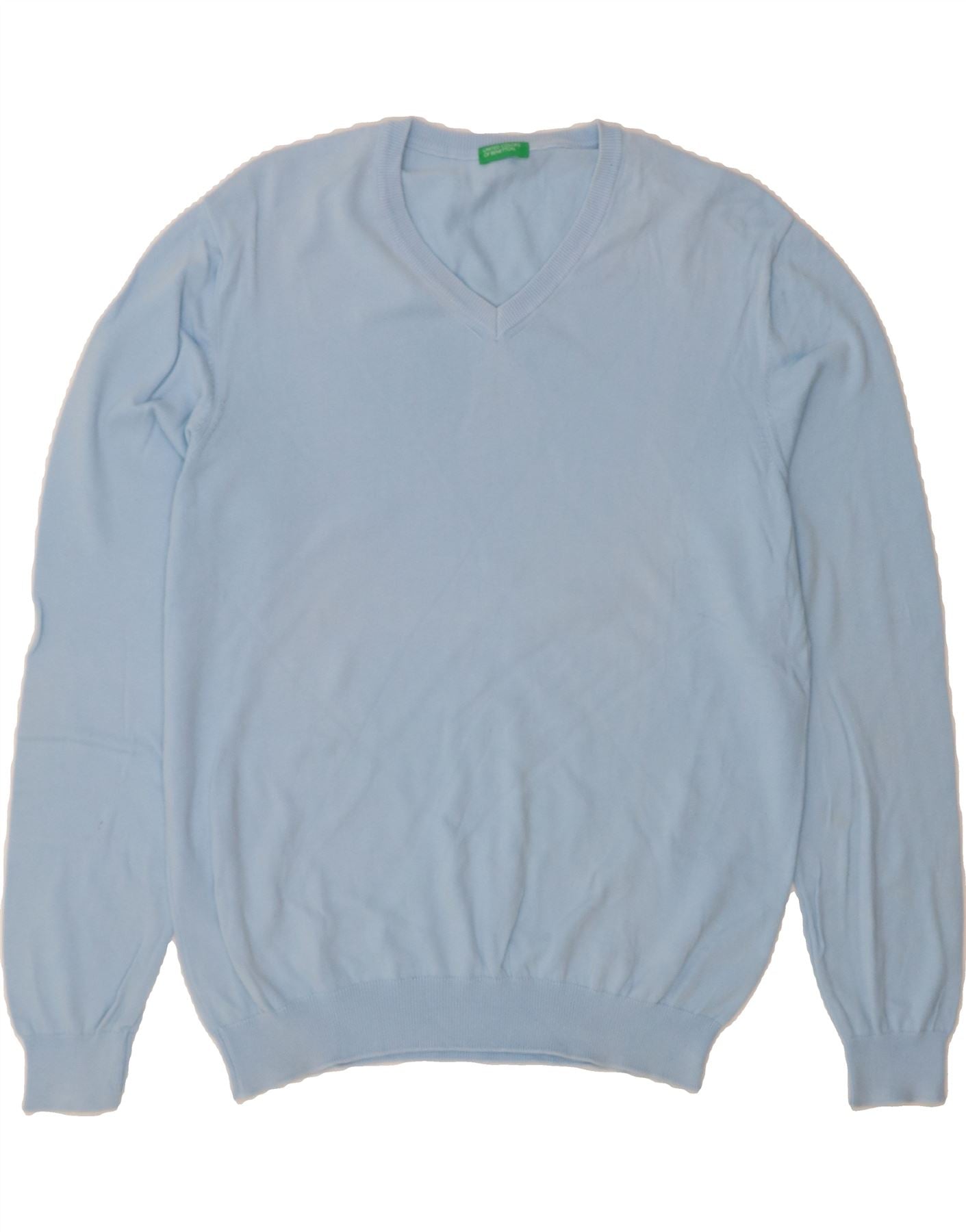 image of BENETTON Womens V-Neck Jumper Sweater UK 18 XL Blue Cotton