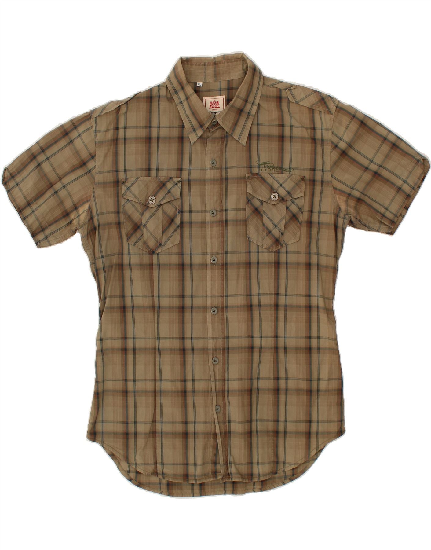 Image of WAMPUM Mens Short Sleeve Shirt XL Khaki Check Cotton