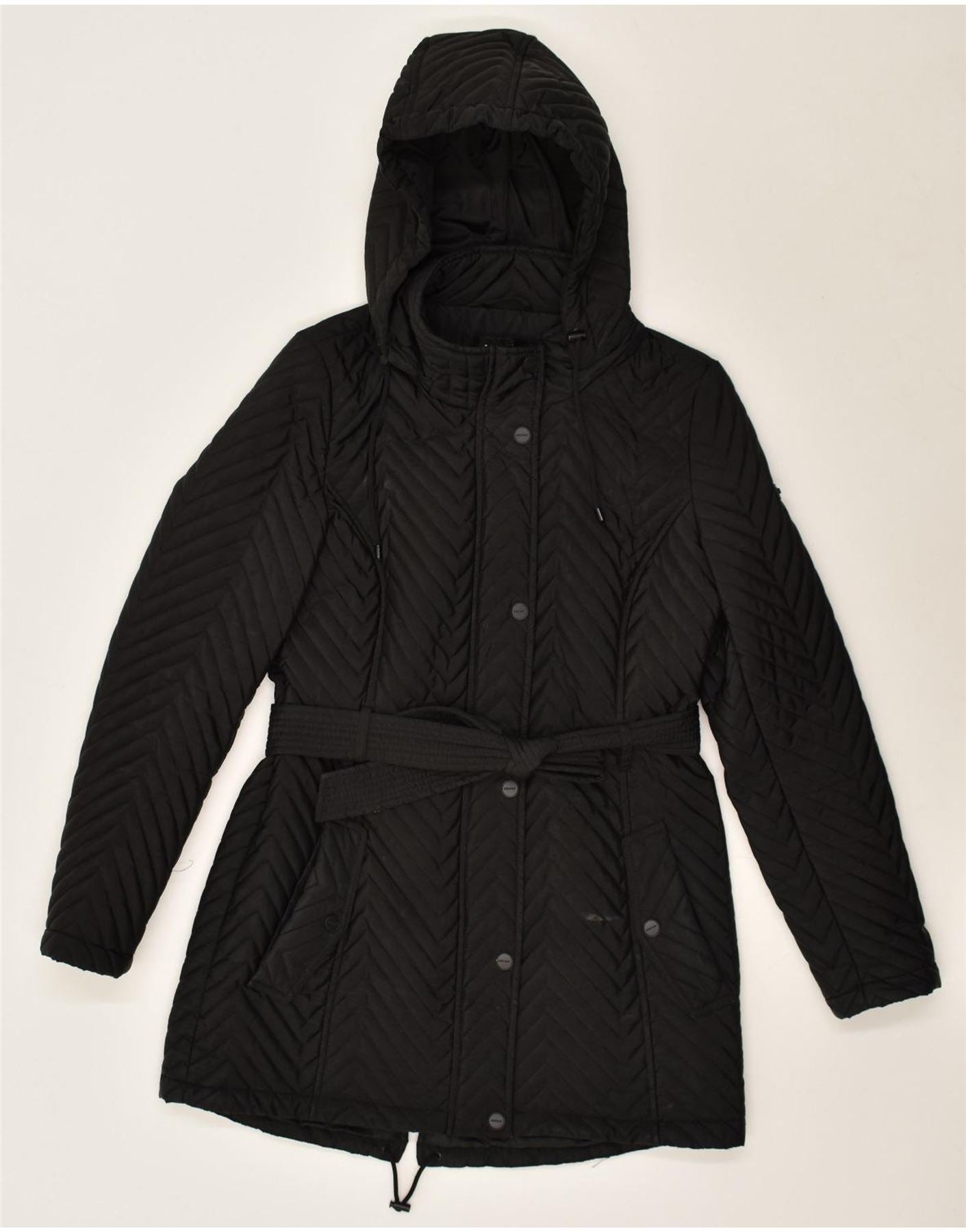 image of DKNY Womens Hooded Padded Coat UK 10 Small Black Polyester