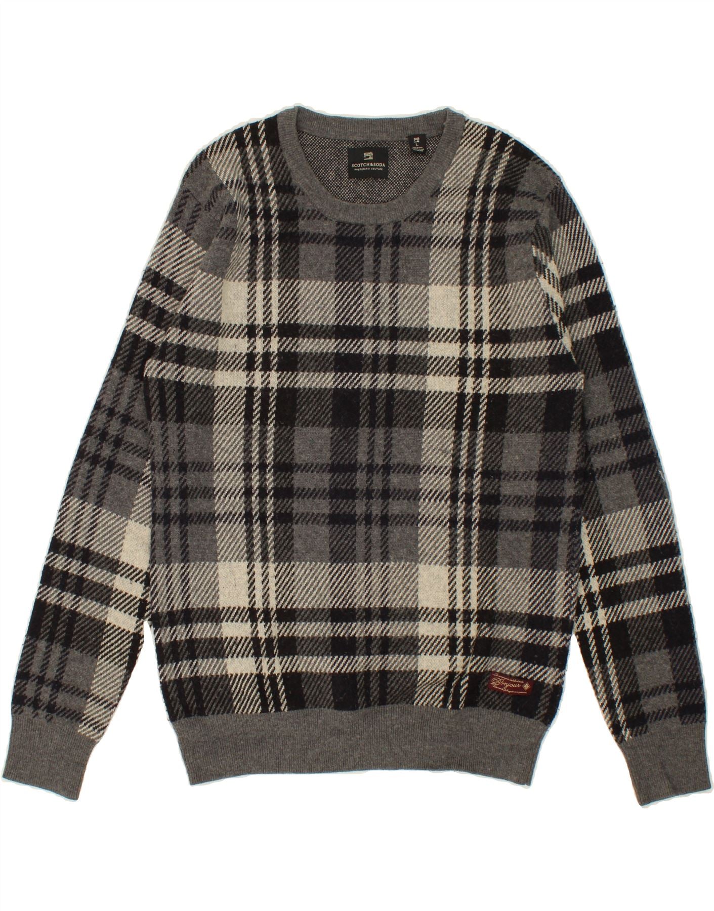 Image of SCOTCH & SODA Mens Crew Neck Jumper Sweater Large Grey Check Lambswool