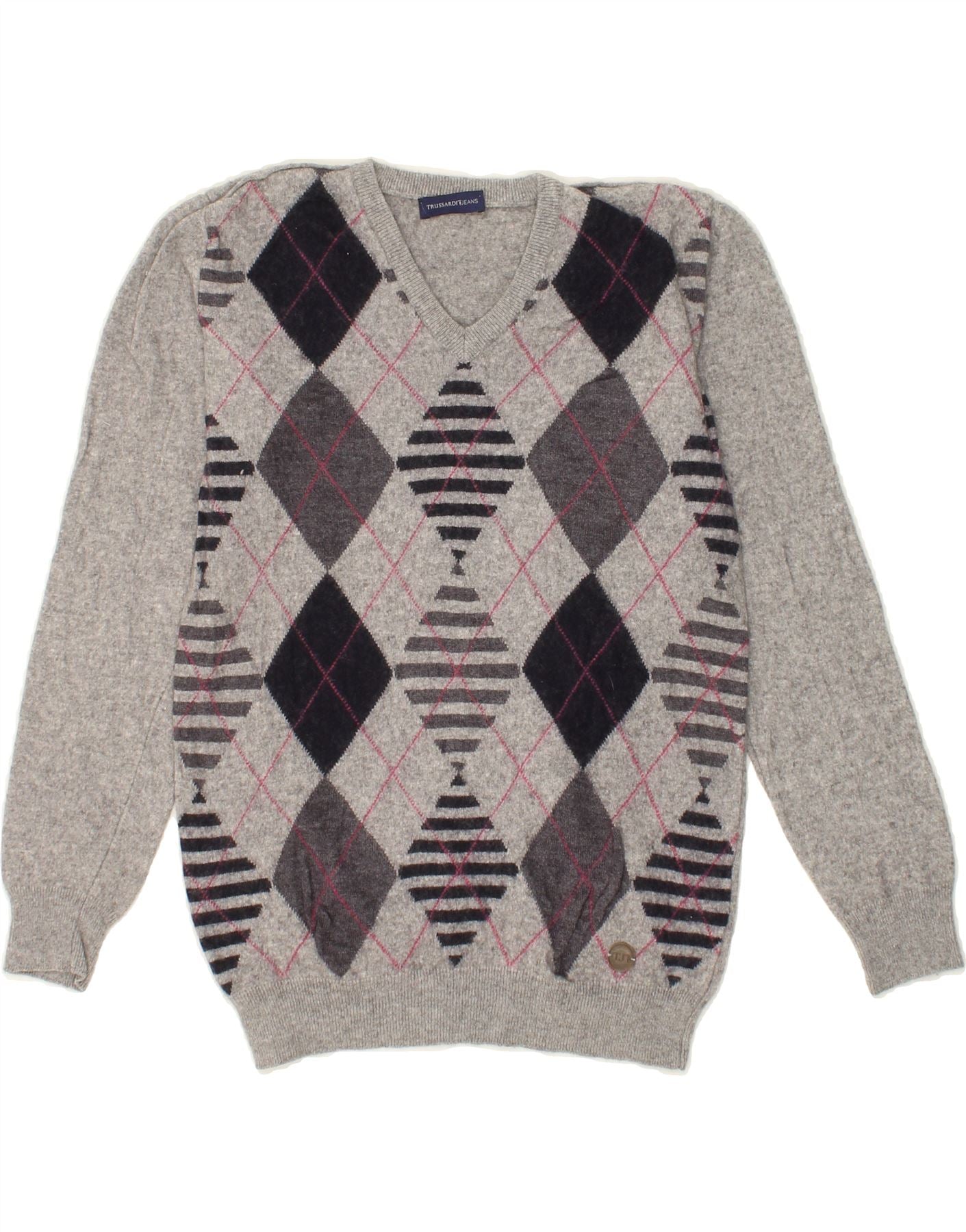 image of TRUSSARDI JEANS Womens V-Neck Jumper Sweater UK 18 XL Grey Argyle/Diamond