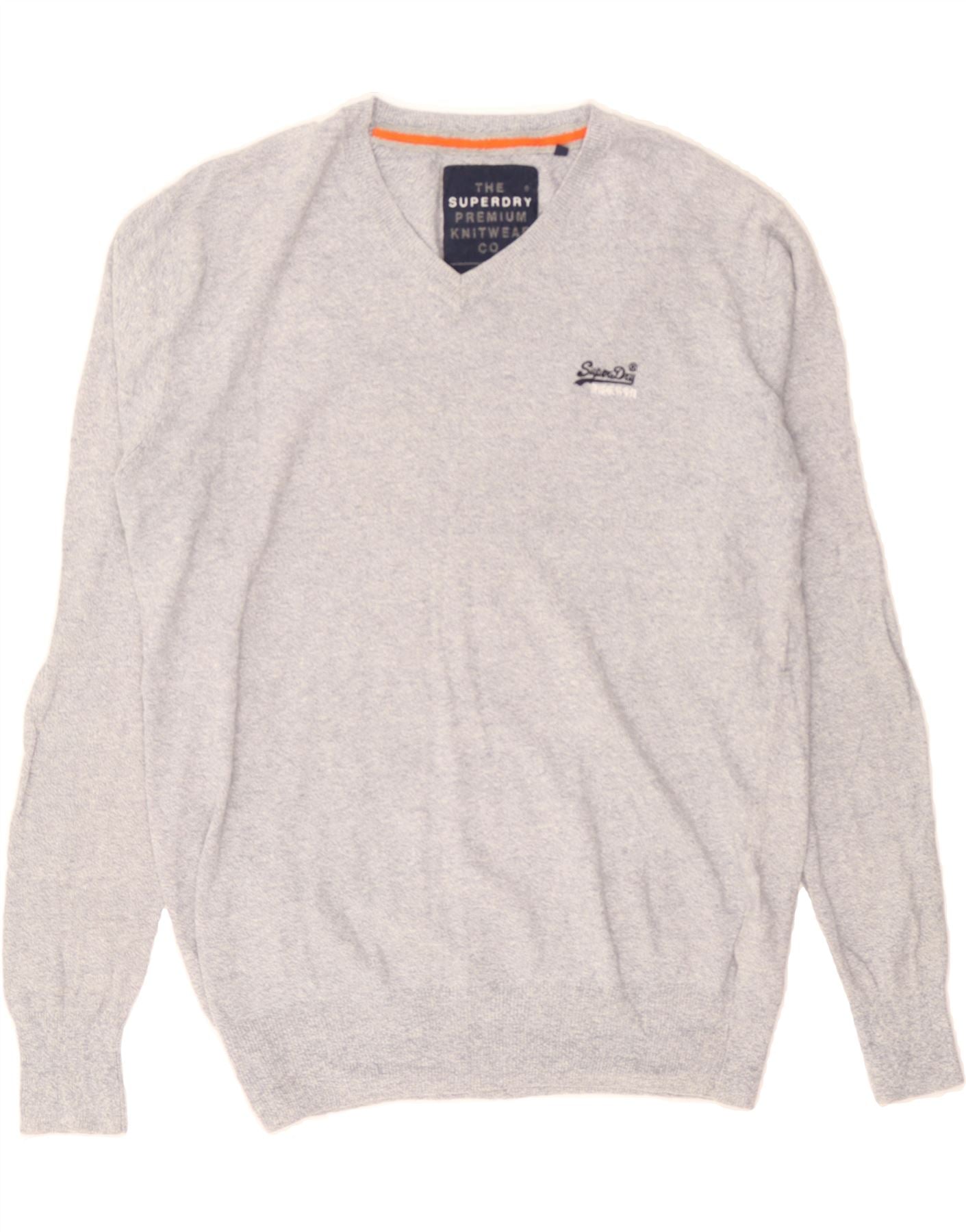 image of SUPERDRY Mens V-Neck Jumper Sweater Large Grey Cotton