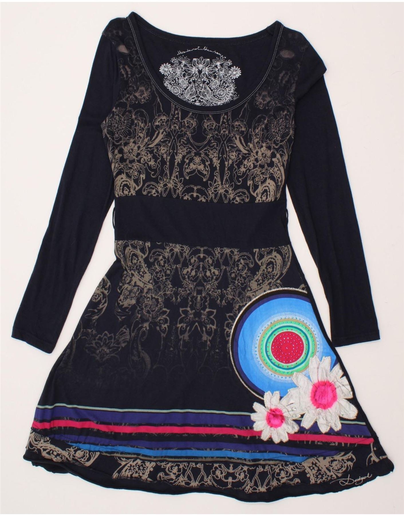 image of DESIGUAL Womens Graphic Long Sleeve A-Line Dress UK 12 Medium Navy Blue