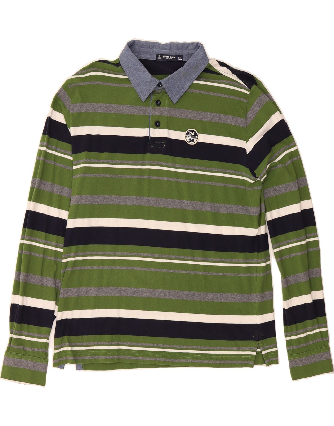 image of NORTH SAILS Mens Long Sleeve Rugby Polo Shirt Large Green Striped Cotton