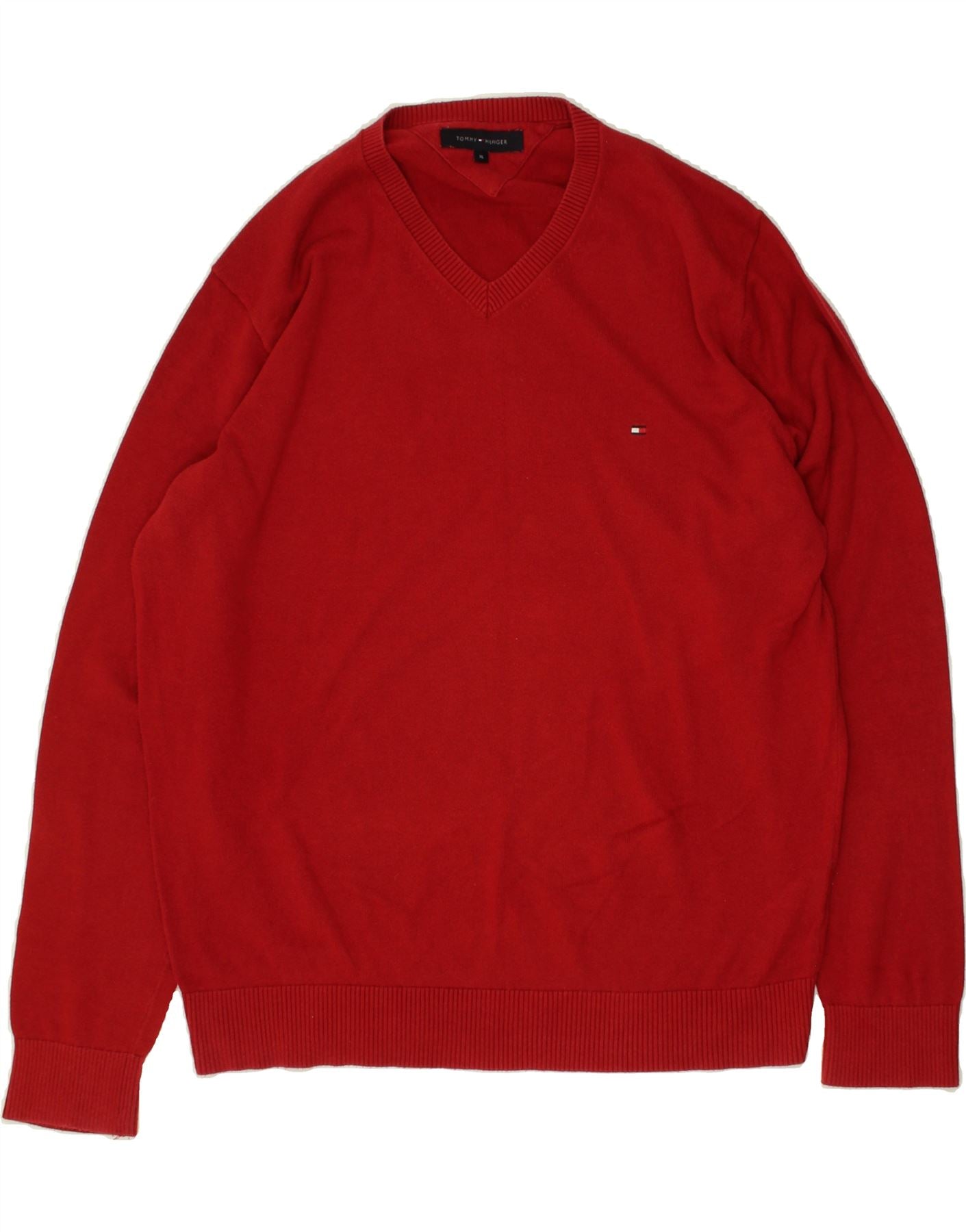 image of TOMMY HILFIGER Mens V-Neck Jumper Sweater XL Red Cotton