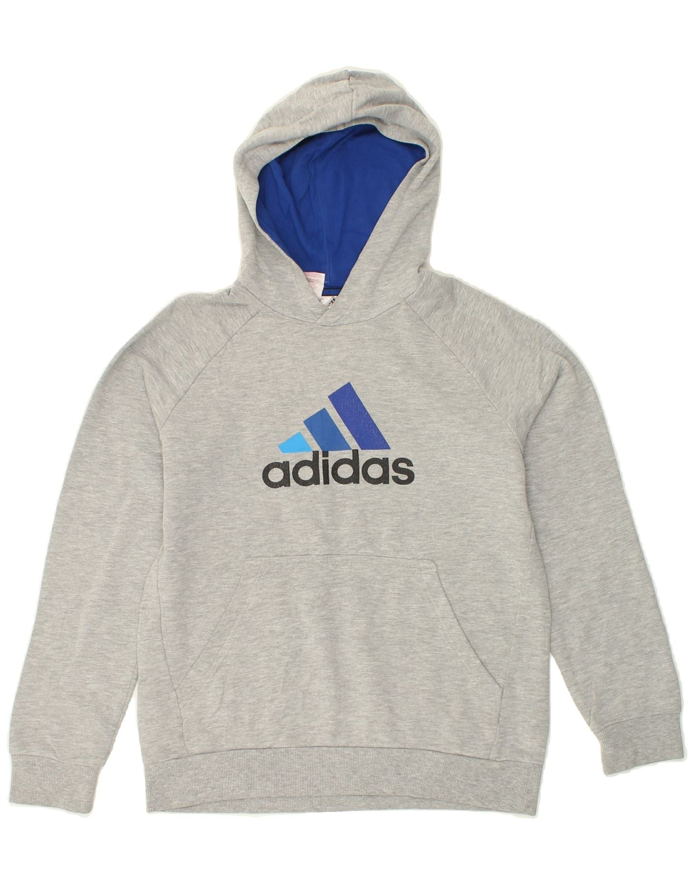 ADIDAS Boys Graphic Hoodie Jumper 12-13 Years Grey Cotton