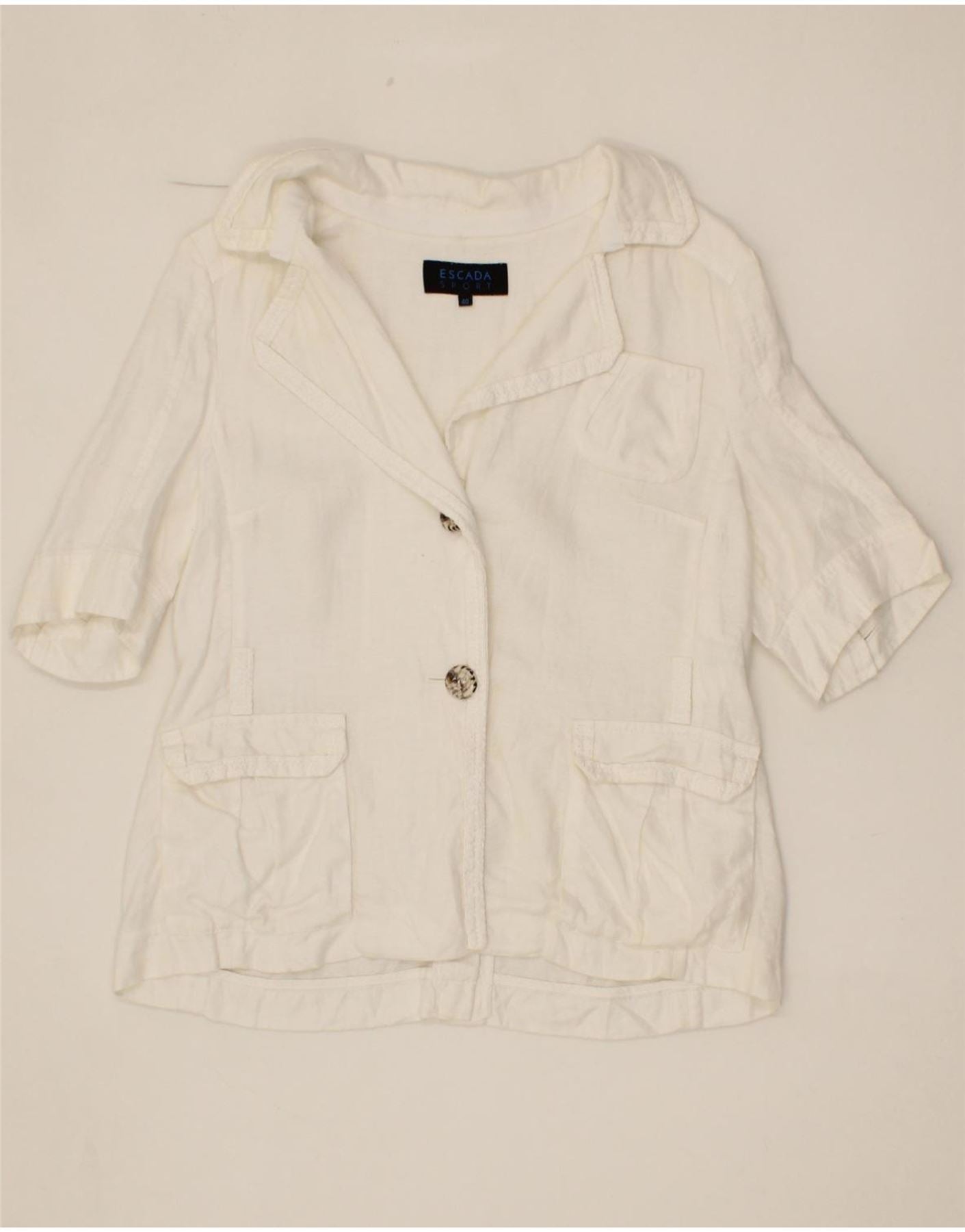 image of ESCADA Womens 2 Button Short Sleeve Blazer Jacket IT 40 Small White Linen