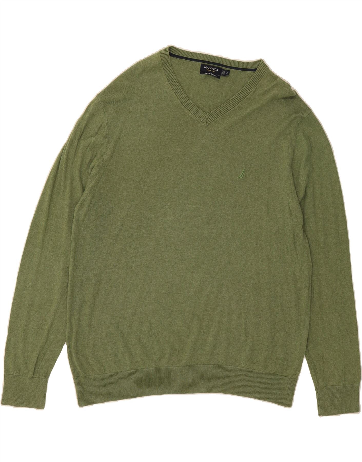 image of NAUTICA Mens V-Neck Jumper Sweater XL Green Cotton