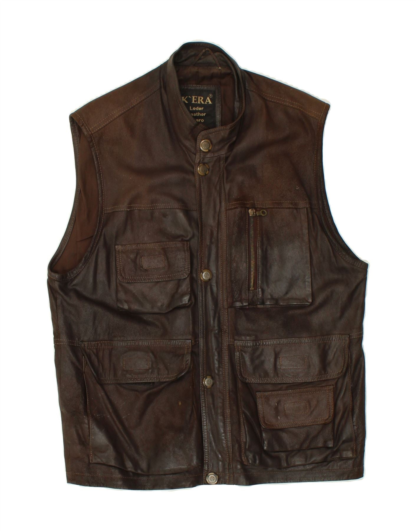 image of VINTAGE Mens Leather Gilet UK 36 Small Brown Leather