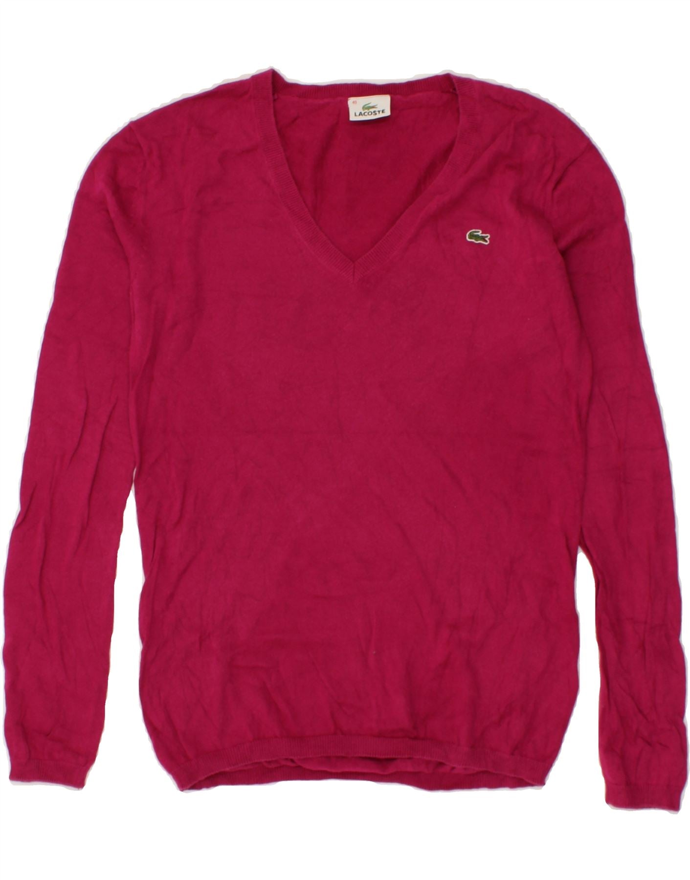 image of LACOSTE Womens V-Neck Jumper Sweater Size 40 Medium Pink Cotton