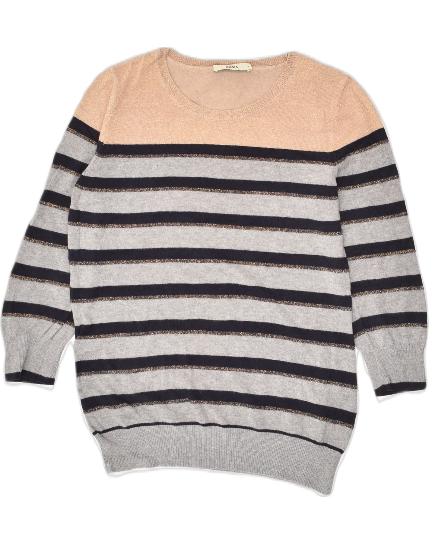 image of OASIS Womens 3/4 Sleeve Crew Neck Jumper Sweater UK 10 Small Grey Striped