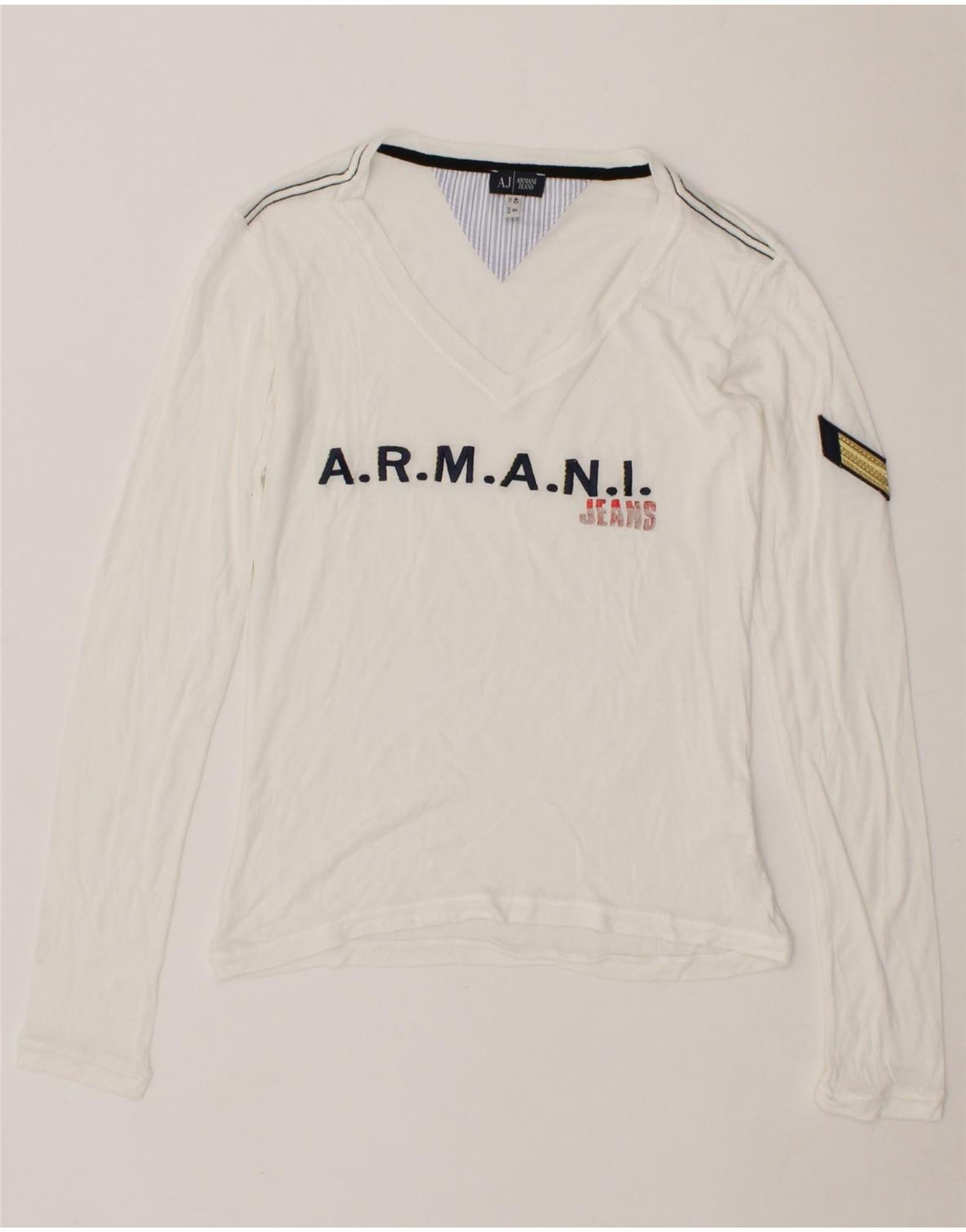 Image of ARMANI JEANS Womens Graphic Top Long Sleeve EU 40 Small White Viscose