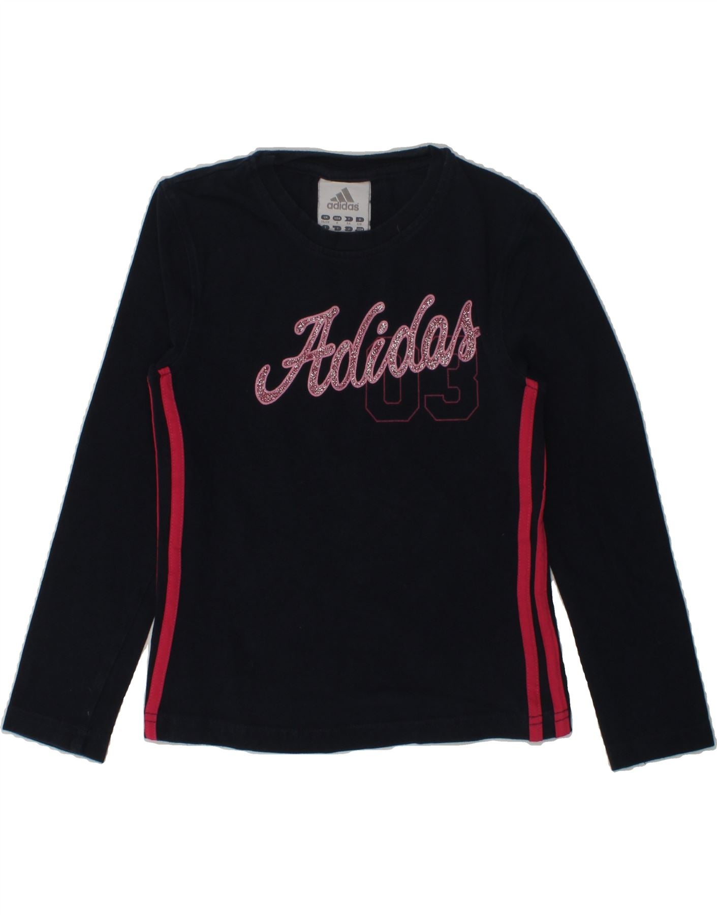 image of ADIDAS Girls Graphic Top Long Sleeve 7-8 Years Navy Blue Cotton