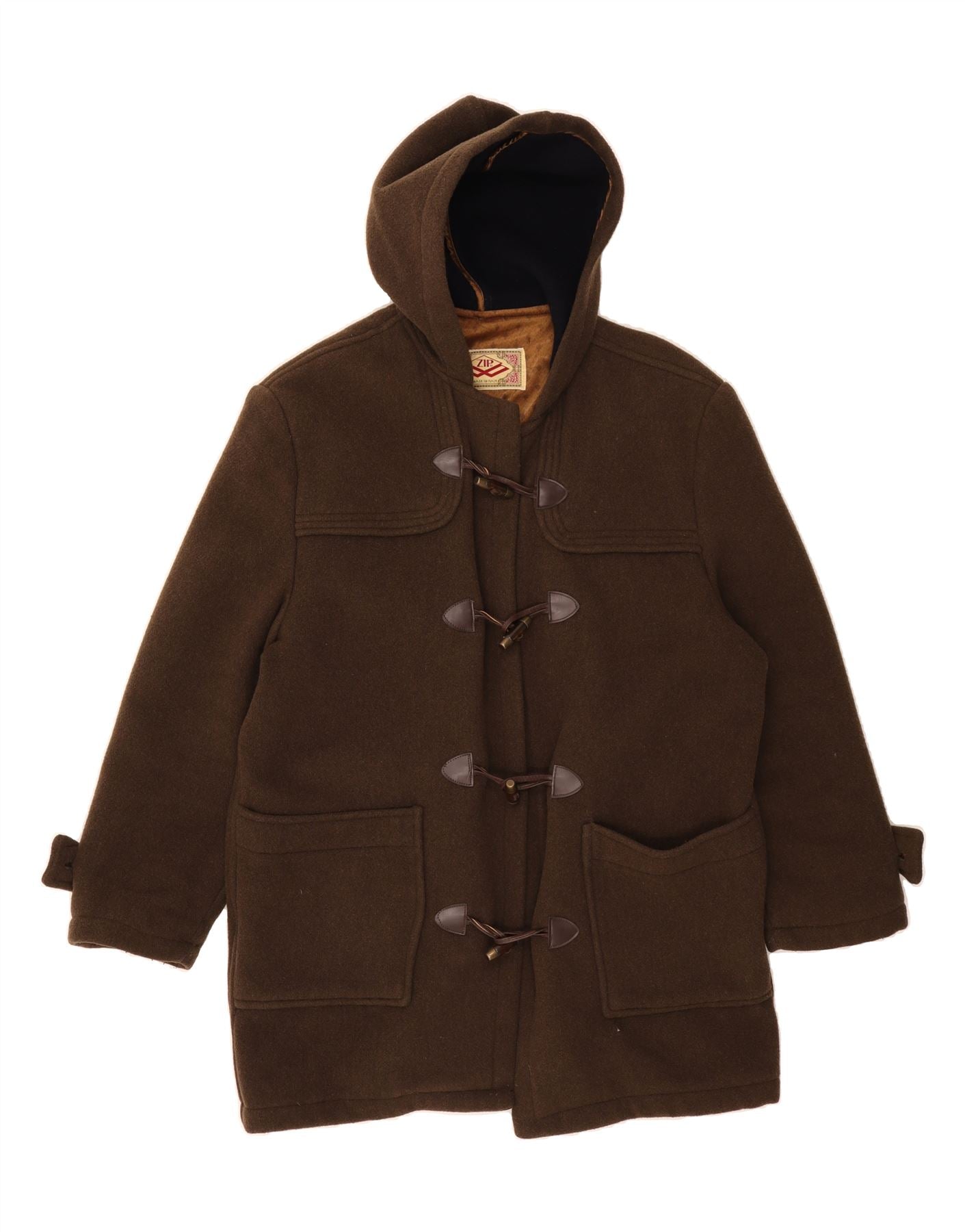 image of ZIP Womens Hooded Duffle Coat UK 14 Medium Brown Cotton