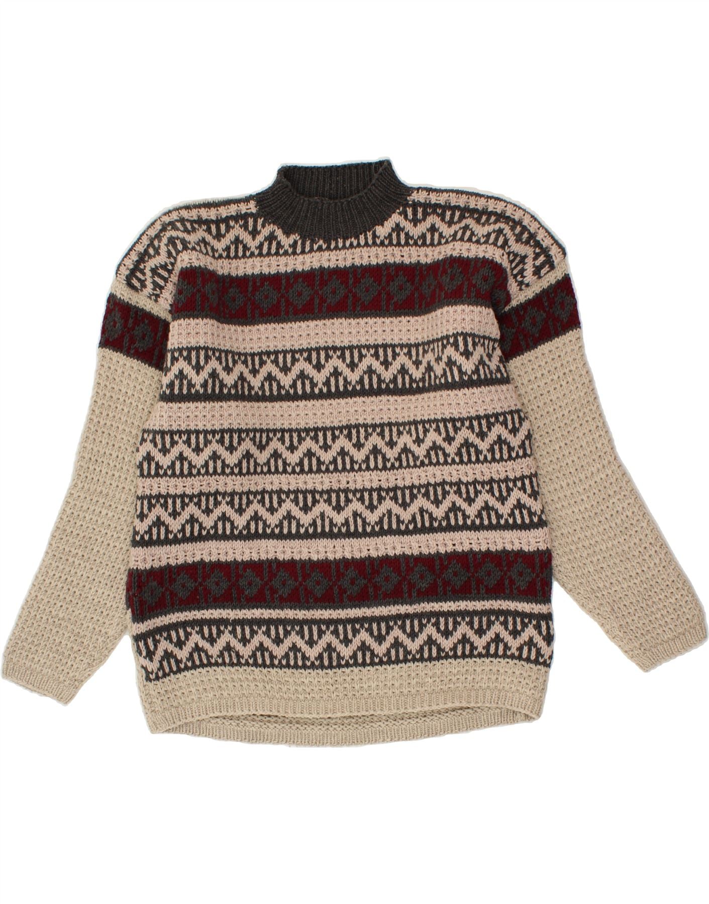 image of VINTAGE Mens Turtle Neck Jumper Sweater Medium Beige Fair Isle