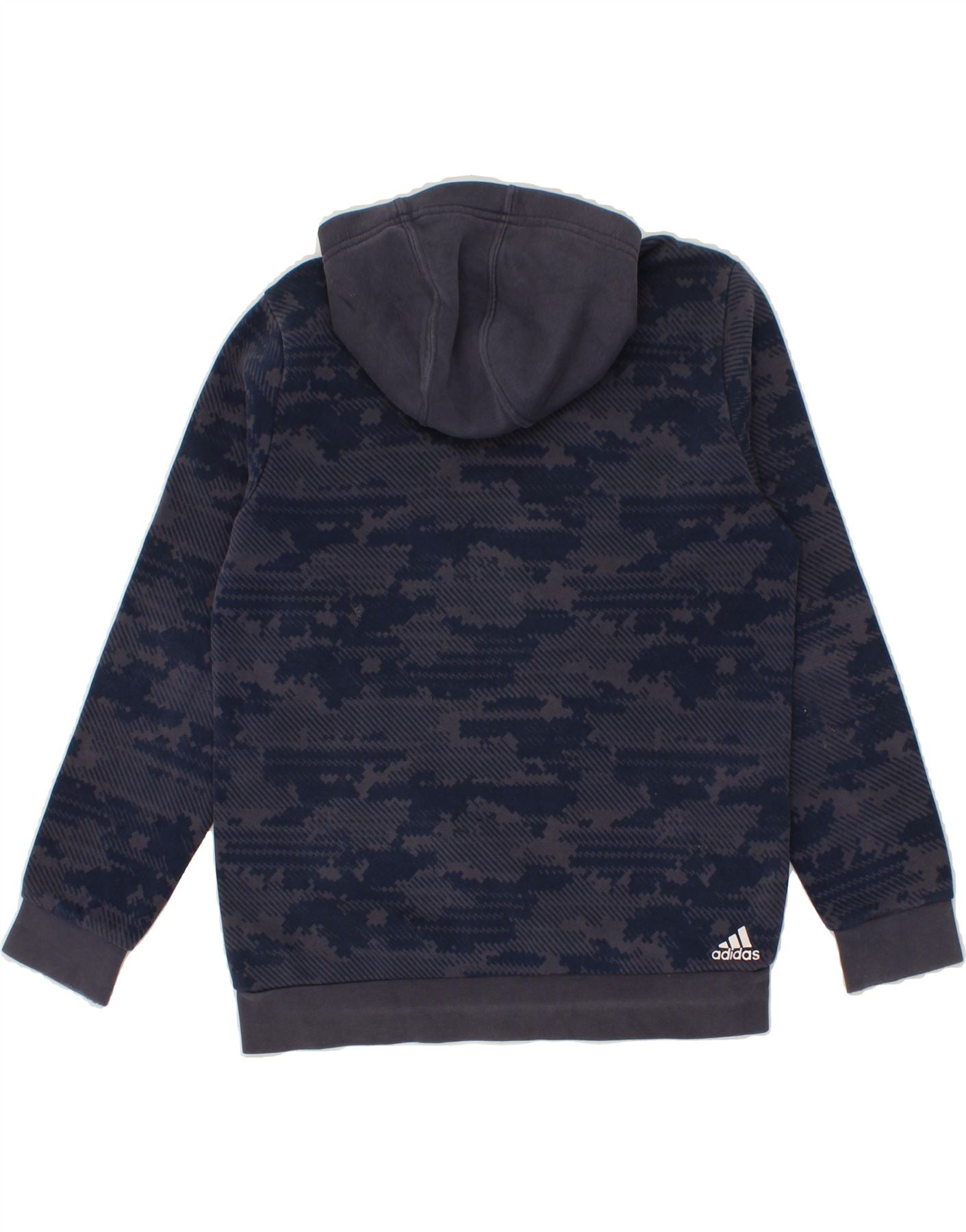 ADIDAS Boys Graphic Hoodie Jumper 13-14 Years Navy Blue Camouflage Cotton