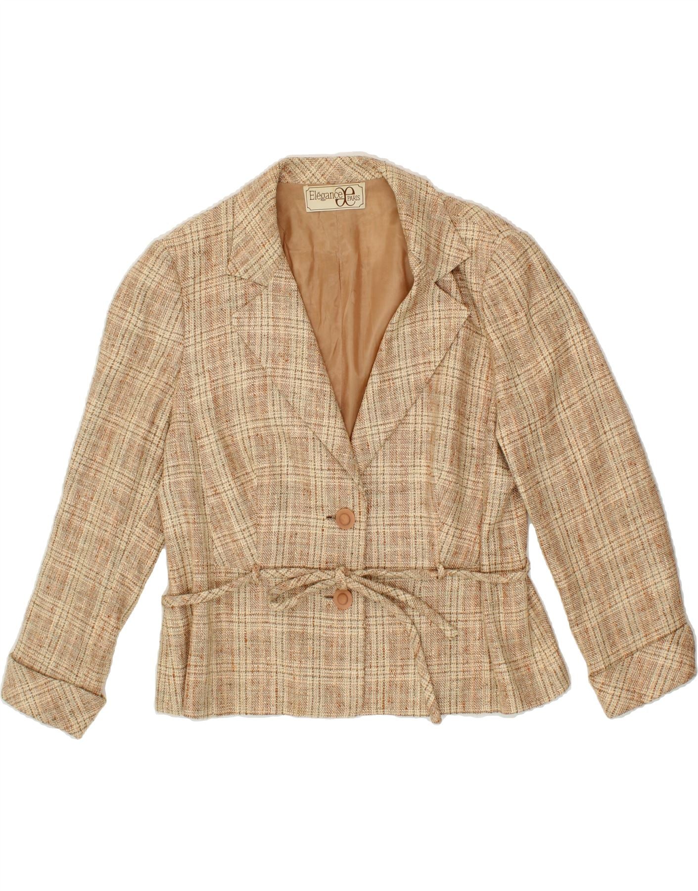 image of ELEGANCE PARIS Womens 2 Button Blazer Jacket UK 12 Medium Beige Check