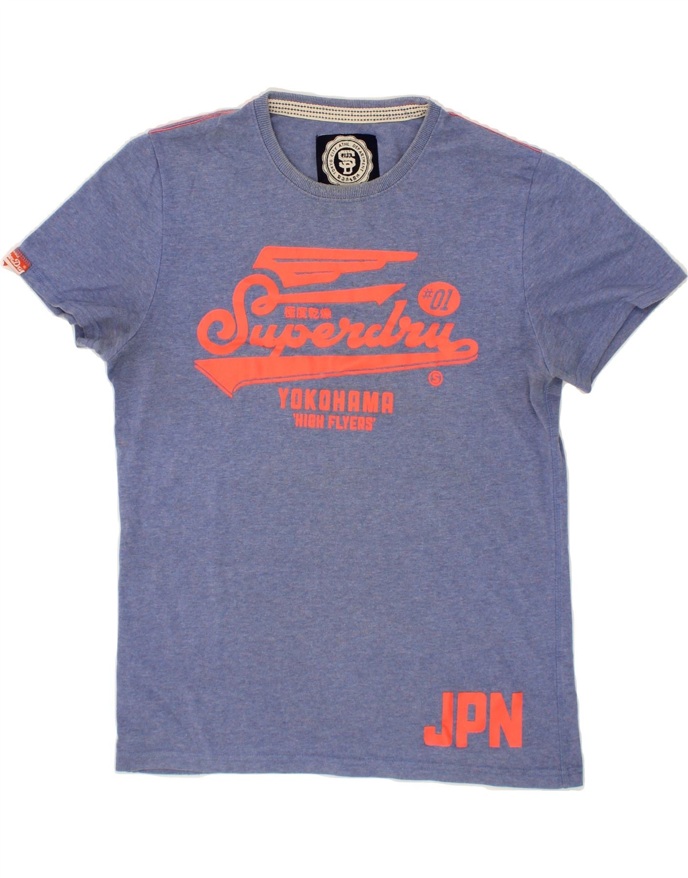 image of SUPERDRY Mens Slim Graphic T-Shirt Top Large Blue Flecked Cotton