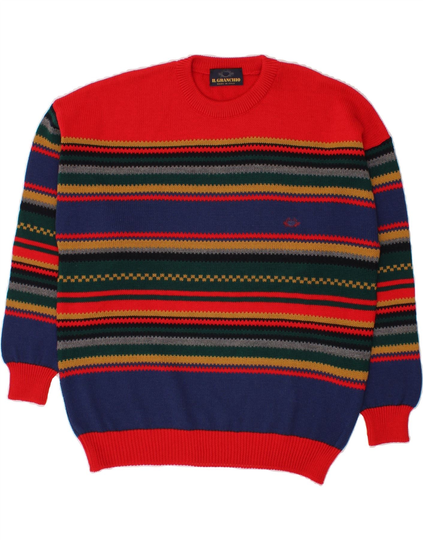 Image of IL GRANCHIO Mens Crew Neck Jumper Sweater Medium Red Striped Wool