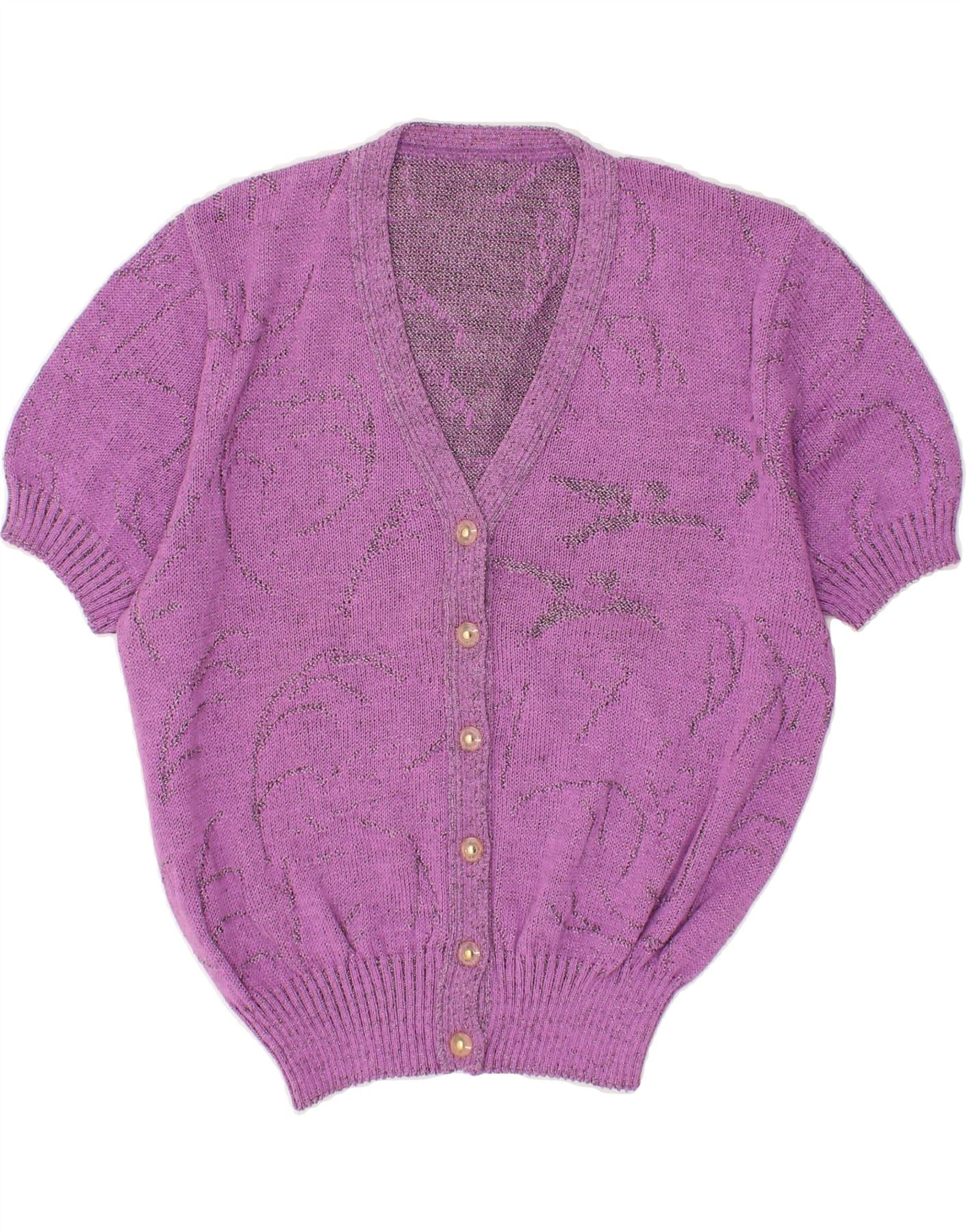 image of VINTAGE Womens Short Sleeve Cardigan Sweater UK 14 Medium Purple Acrylic