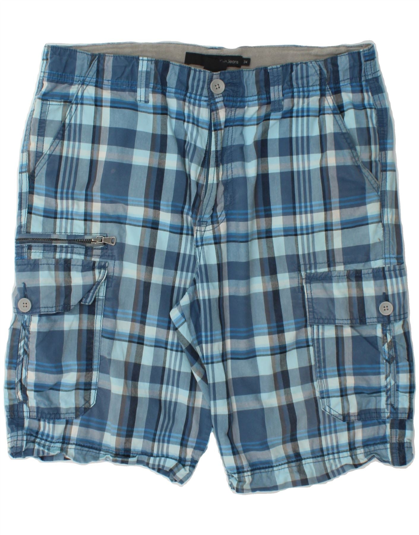 image of CALVIN KLEIN Mens Cargo Shorts W34 Large Blue Check Cotton