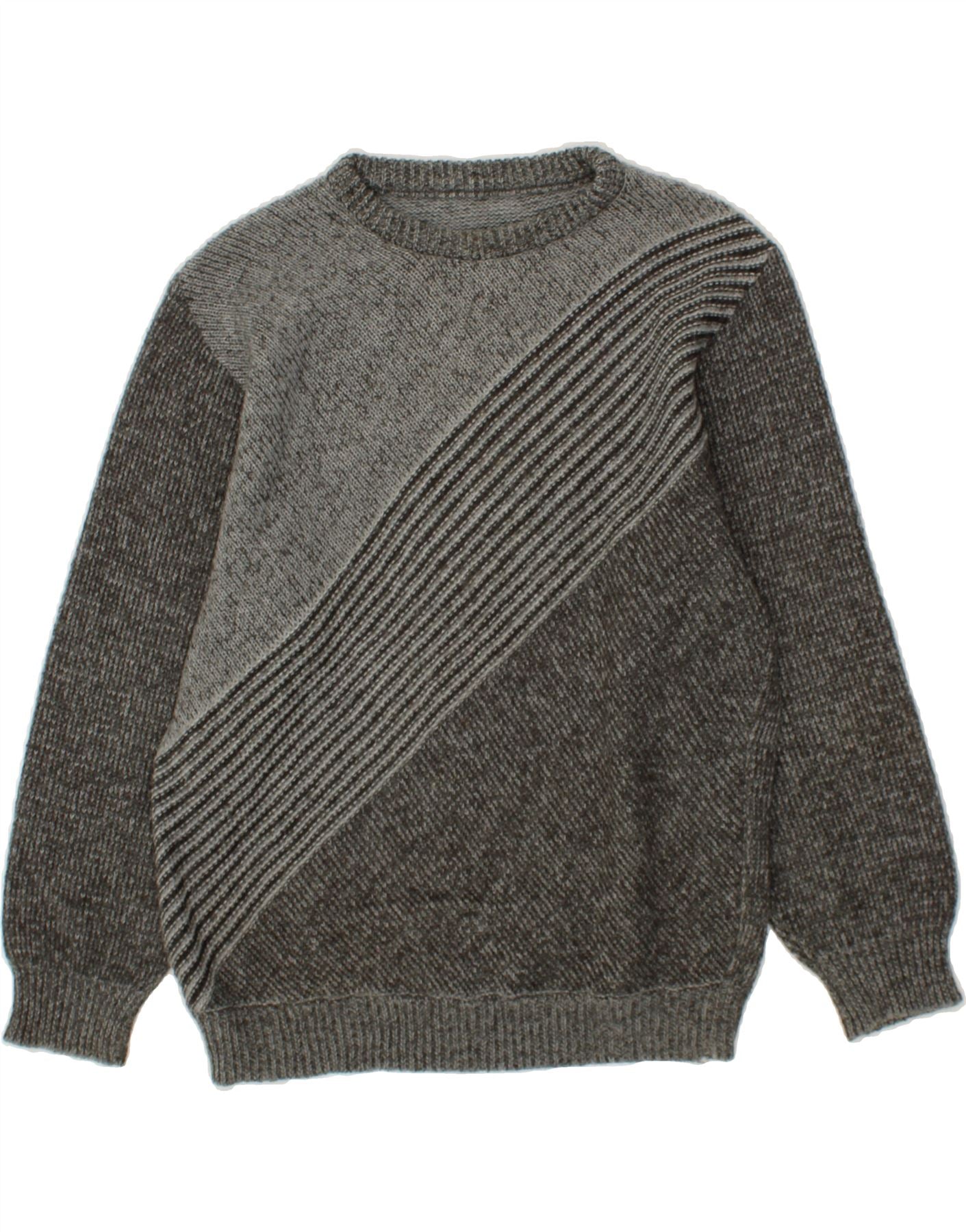 image of VINTAGE Mens Crew Neck Jumper Sweater Small Grey Striped Acrylic