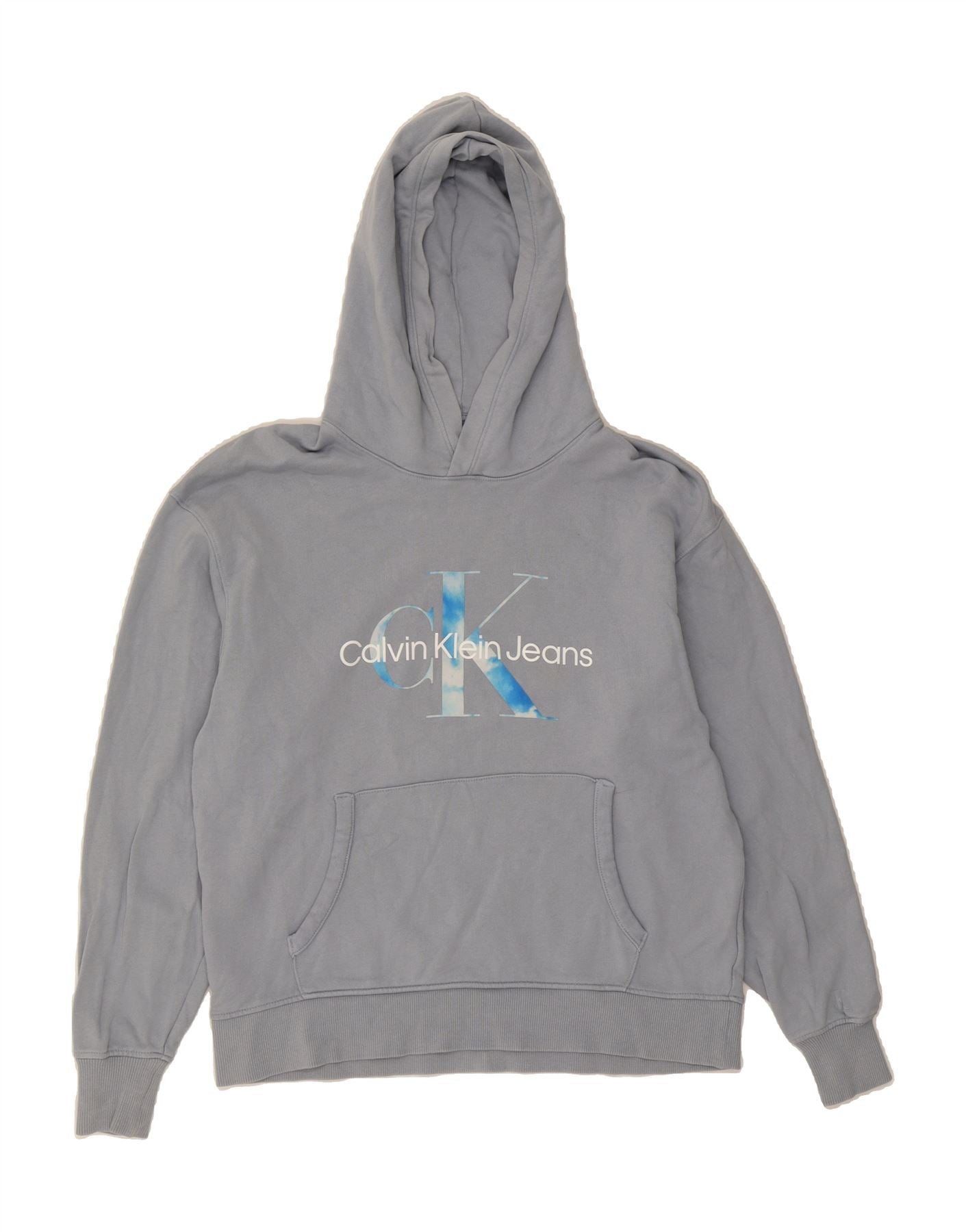 image of CALVIN KLEIN JEANS Mens Graphic Hoodie Jumper Small Blue Cotton
