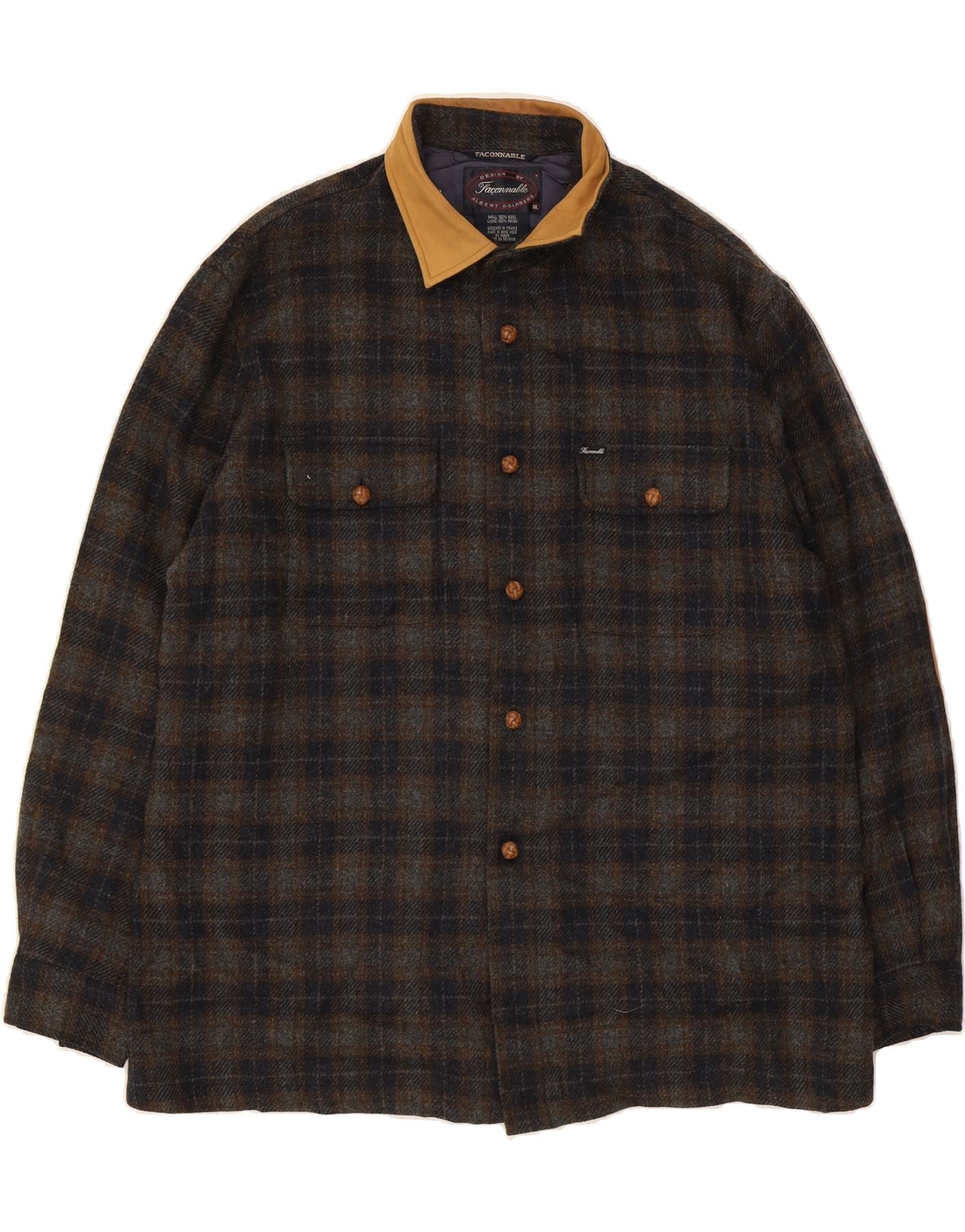 image of FACONNABLE Mens Overshirt Shirt 2XL Grey Check Wool