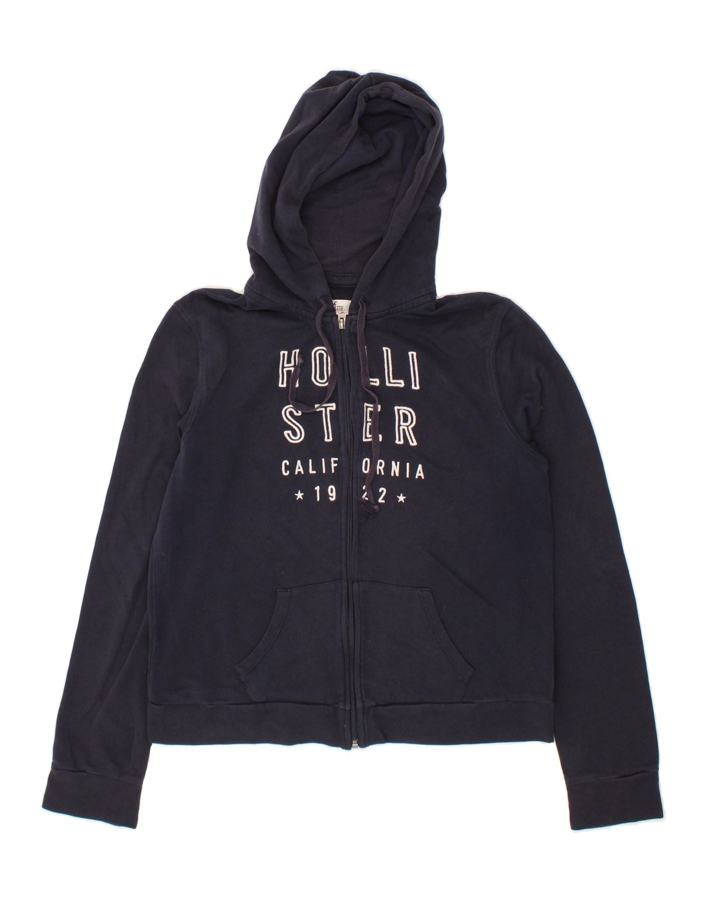 image of HOLLISTER Womens Graphic Zip Hoodie Sweater UK 16 Large Navy Blue Cotton