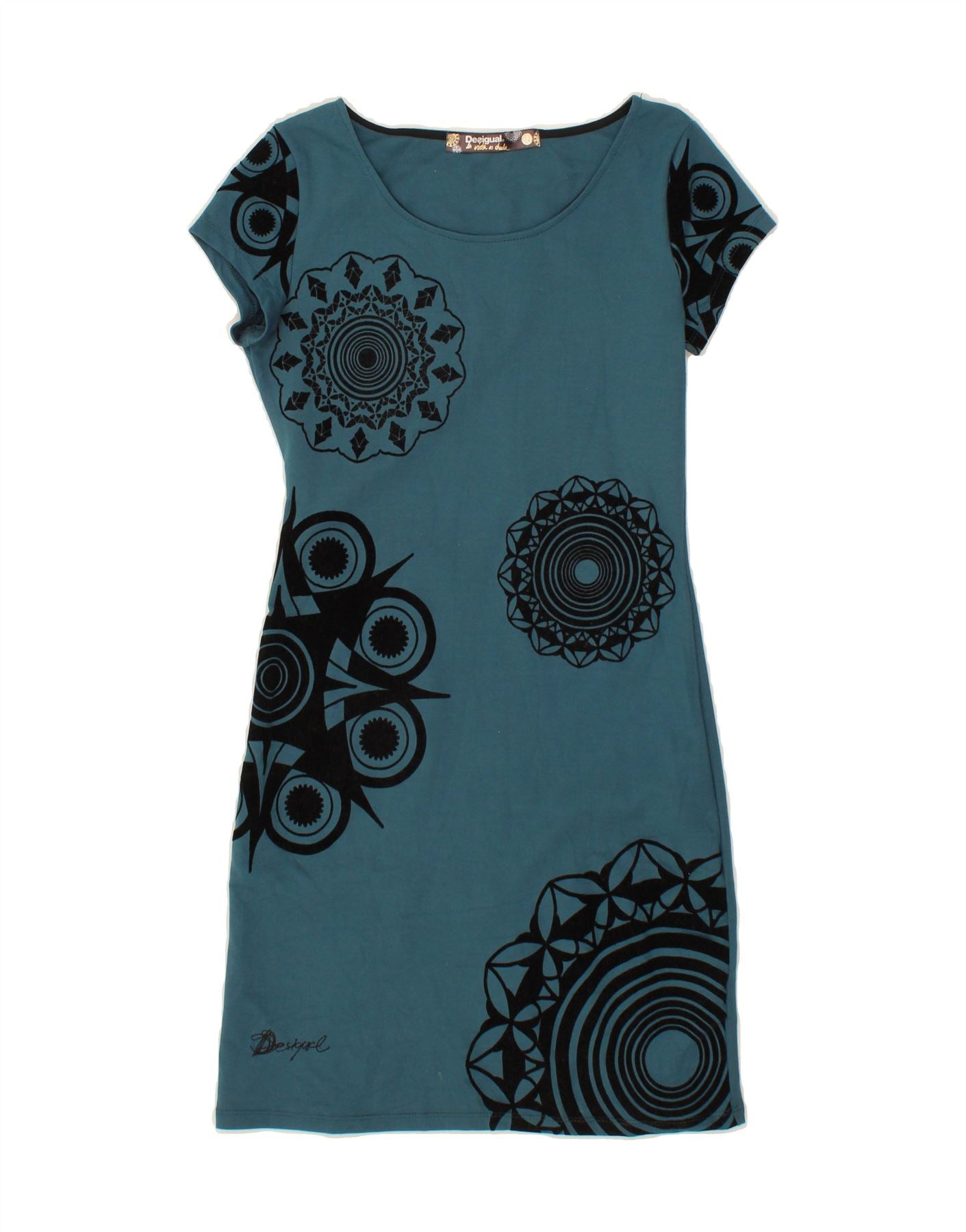 Image of DESIGUAL Womens Graphic Sheath Dress UK 10 Small Blue Geometric