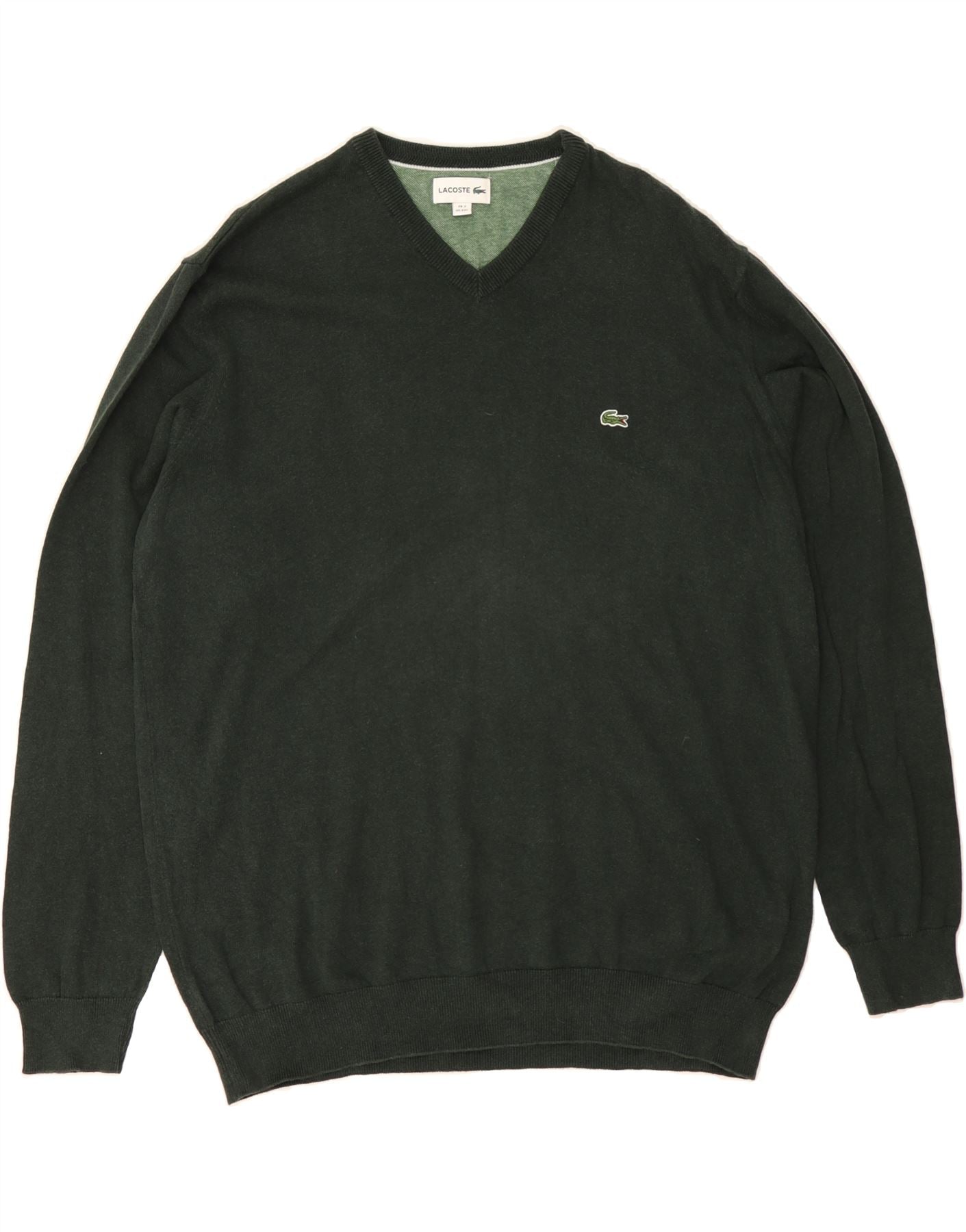 image of LACOSTE Mens V-Neck Jumper Sweater Size 7 2XL Green Cotton