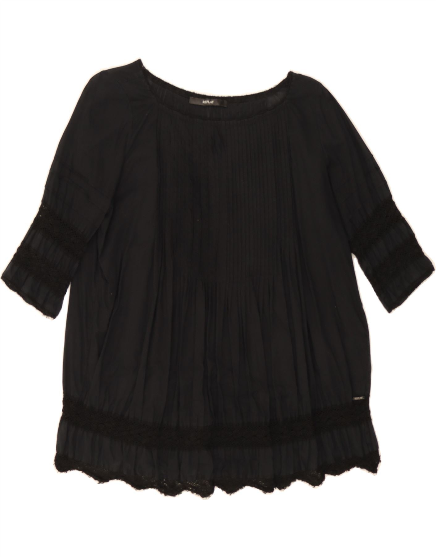 image of REPLAY Womens 3/4 Sleeve Blouse Top UK 12 Medium Black Cotton