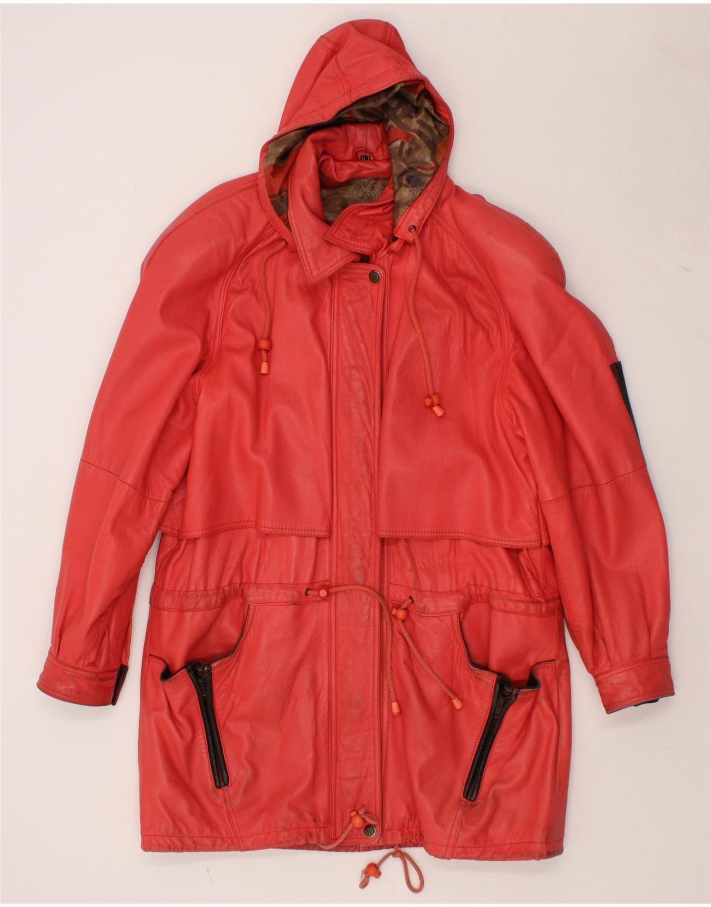 image of VINTAGE Womens Hooded Leather Coat UK 16 Large Red Colourblock Leather