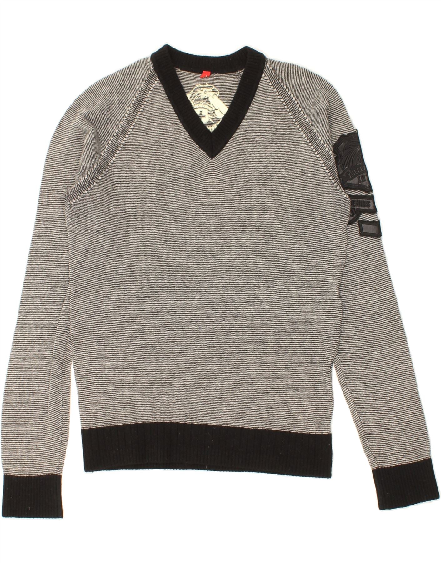 image of ZU ELEMENTS Mens Graphic V-Neck Jumper Sweater Small Grey Striped Wool