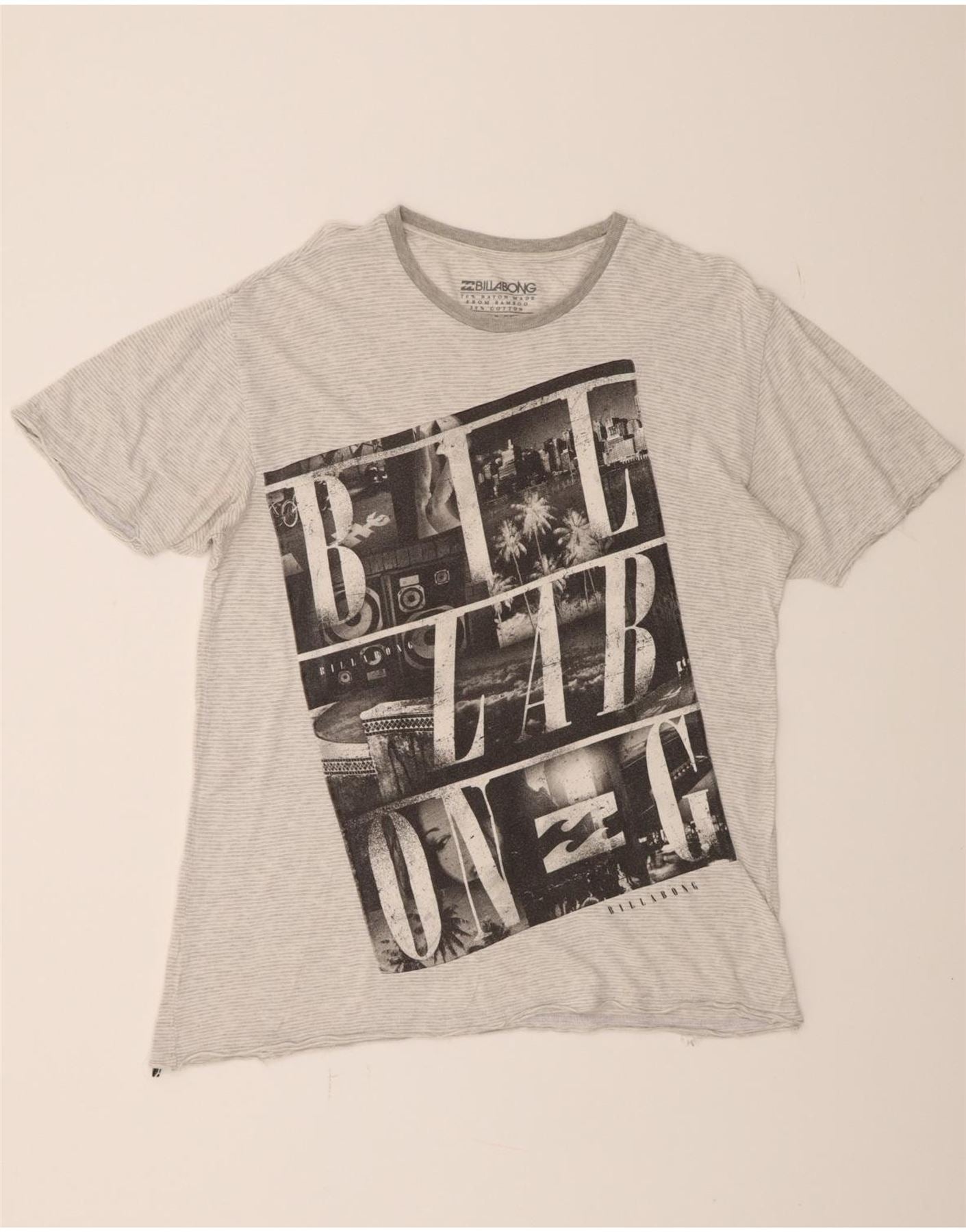 image of BILLABONG Mens Graphic T-Shirt Top Large Grey Pinstripe Cotton