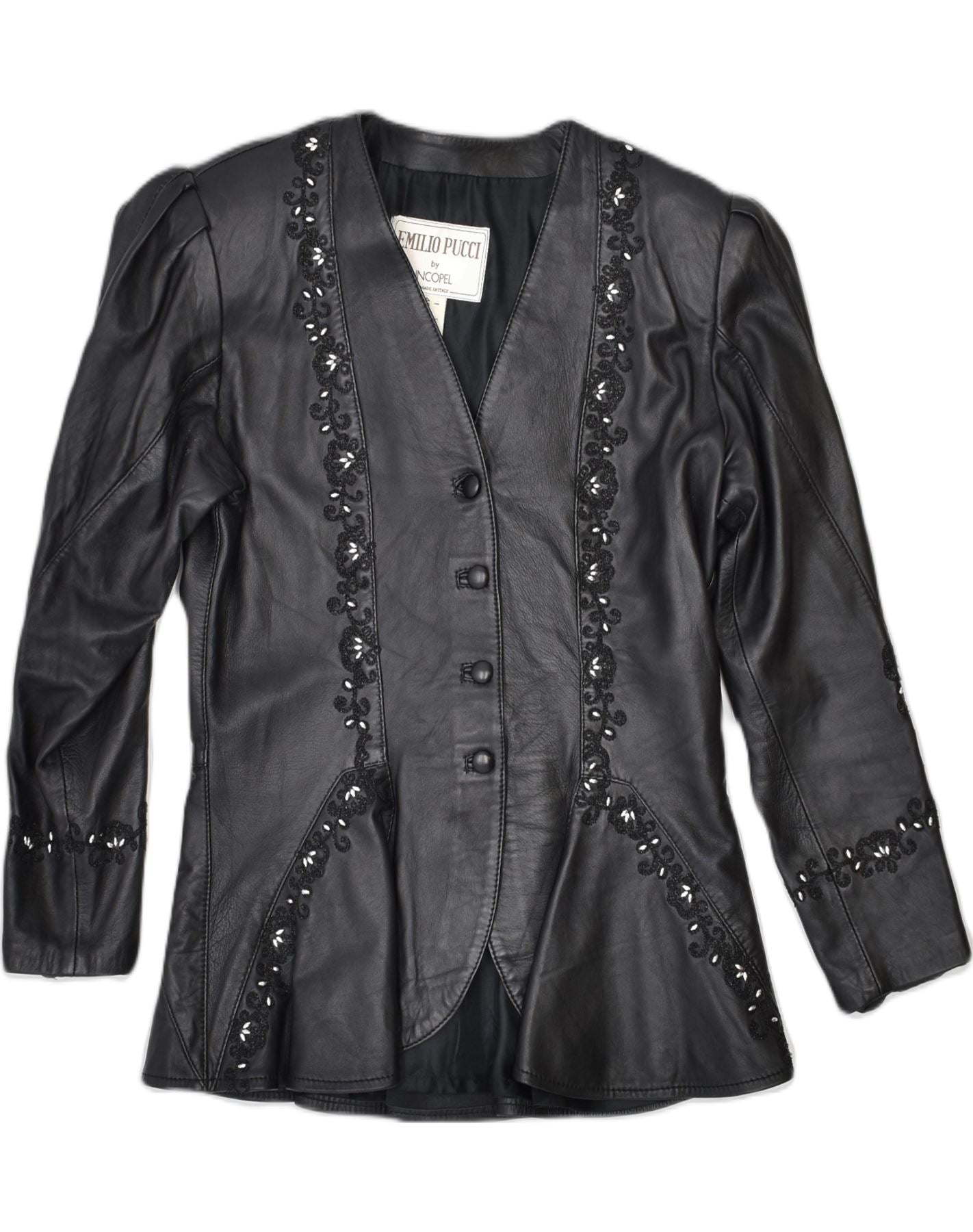 Image of EMILLIO PUCCI Womens 4 Button Blazer Jacket IT 46 Large Black Leather