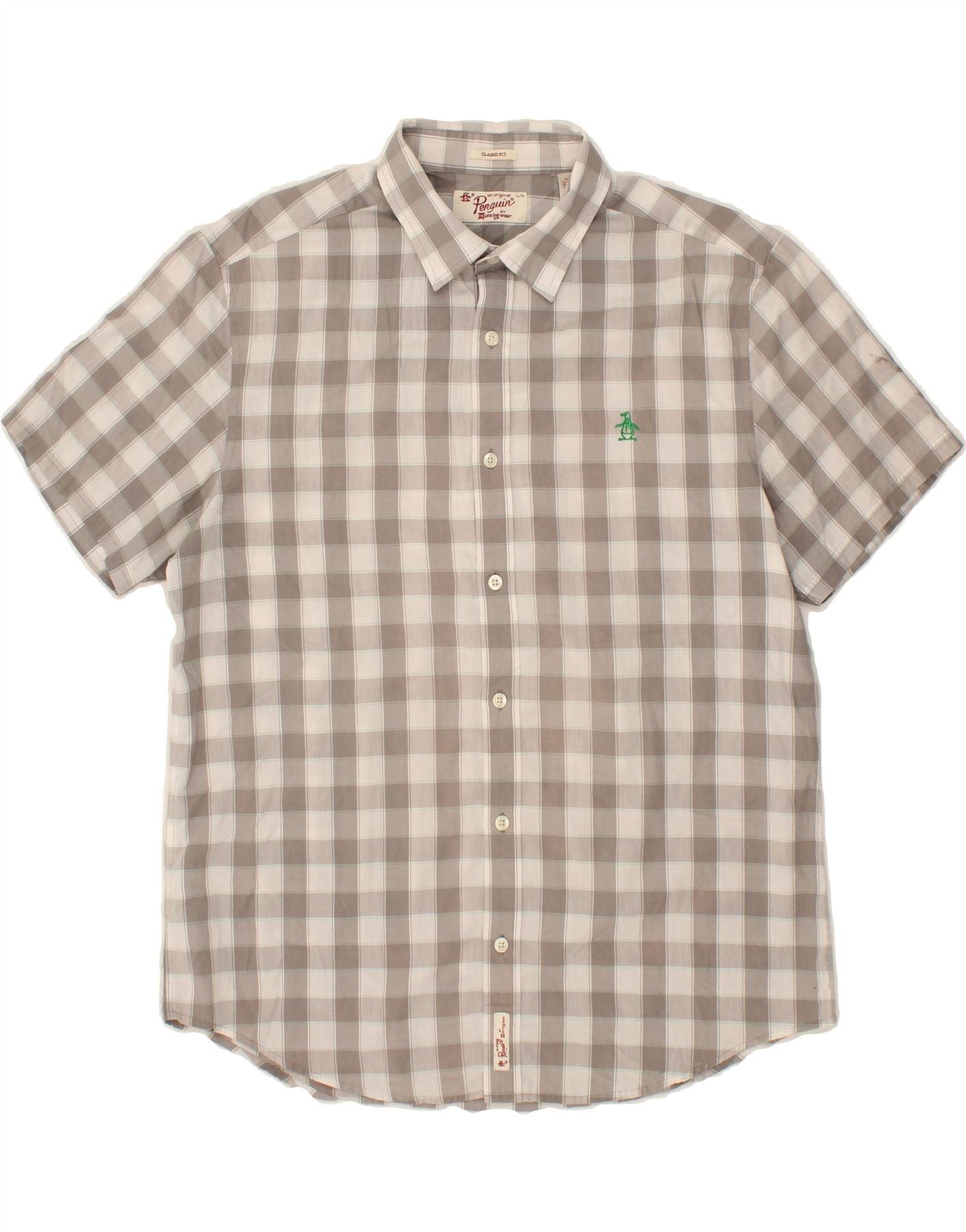 image of PENGUIN Mens Classic Fit Short Sleeve Shirt Large Grey Gingham