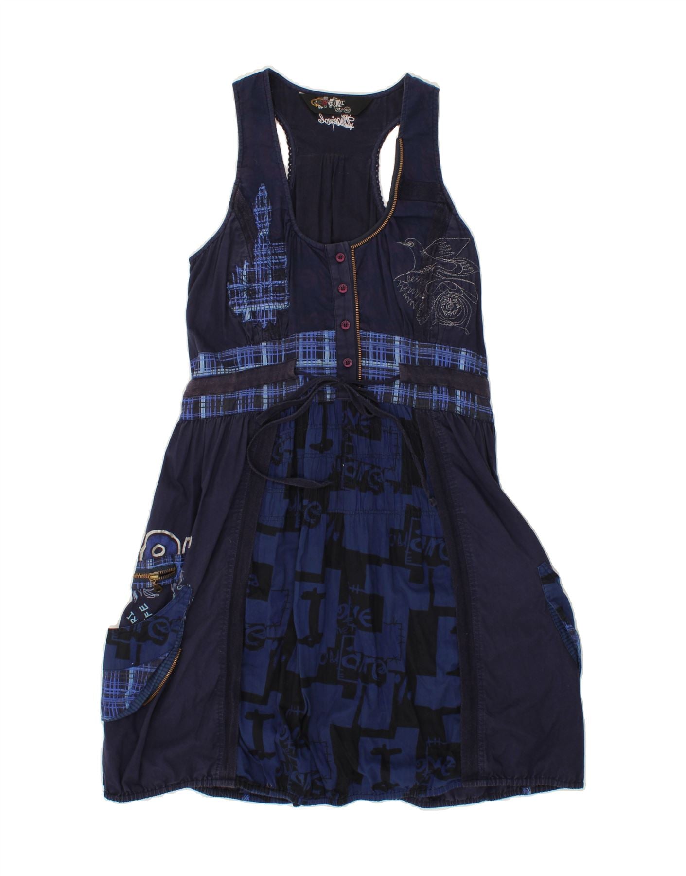 image of DESIGUAL Womens Sleeveless Bubble Dress EU 42 Large Navy Blue Floral