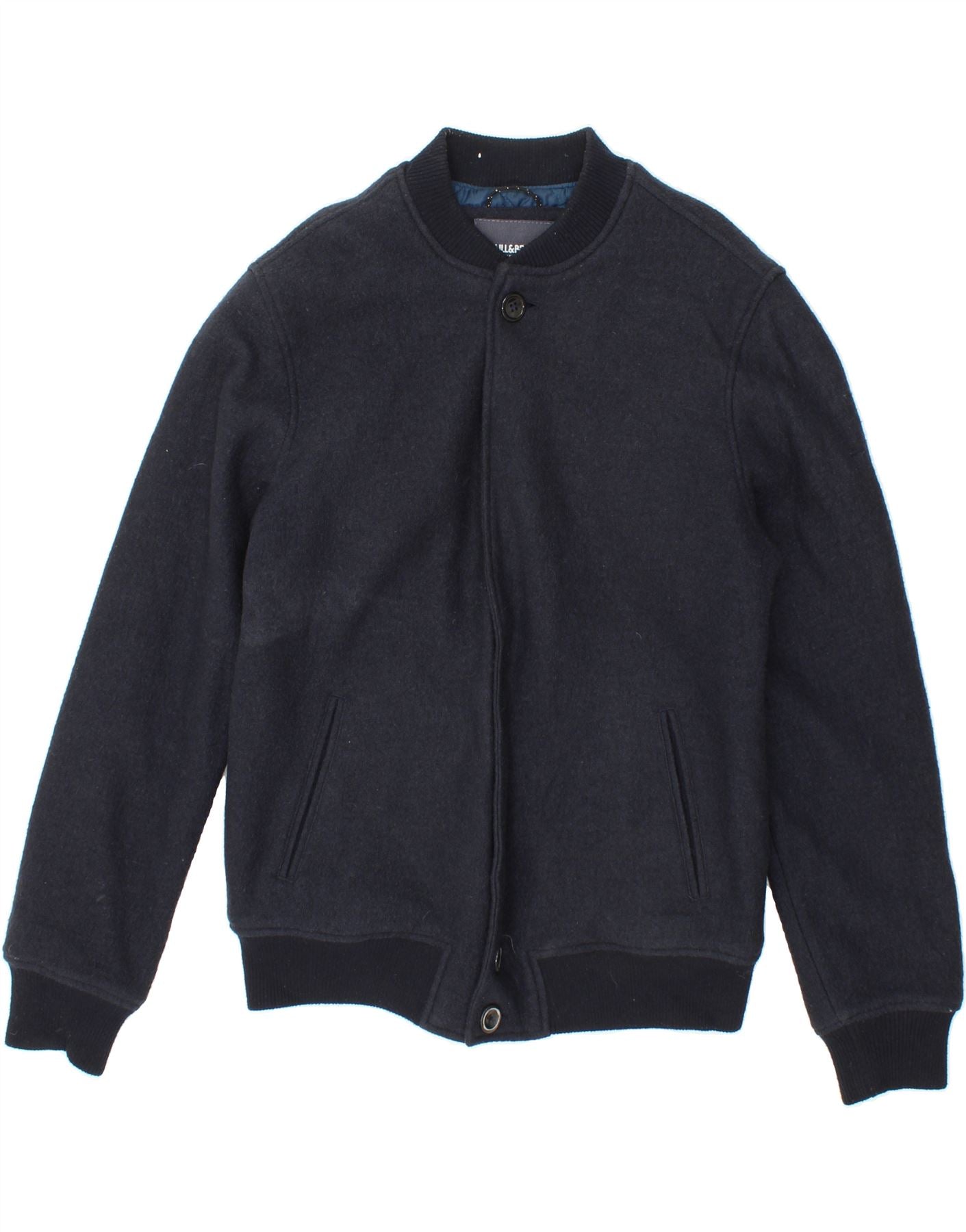 image of PULL & BEAR Mens Bomber Jacket UK 38 Medium Navy Blue Wool