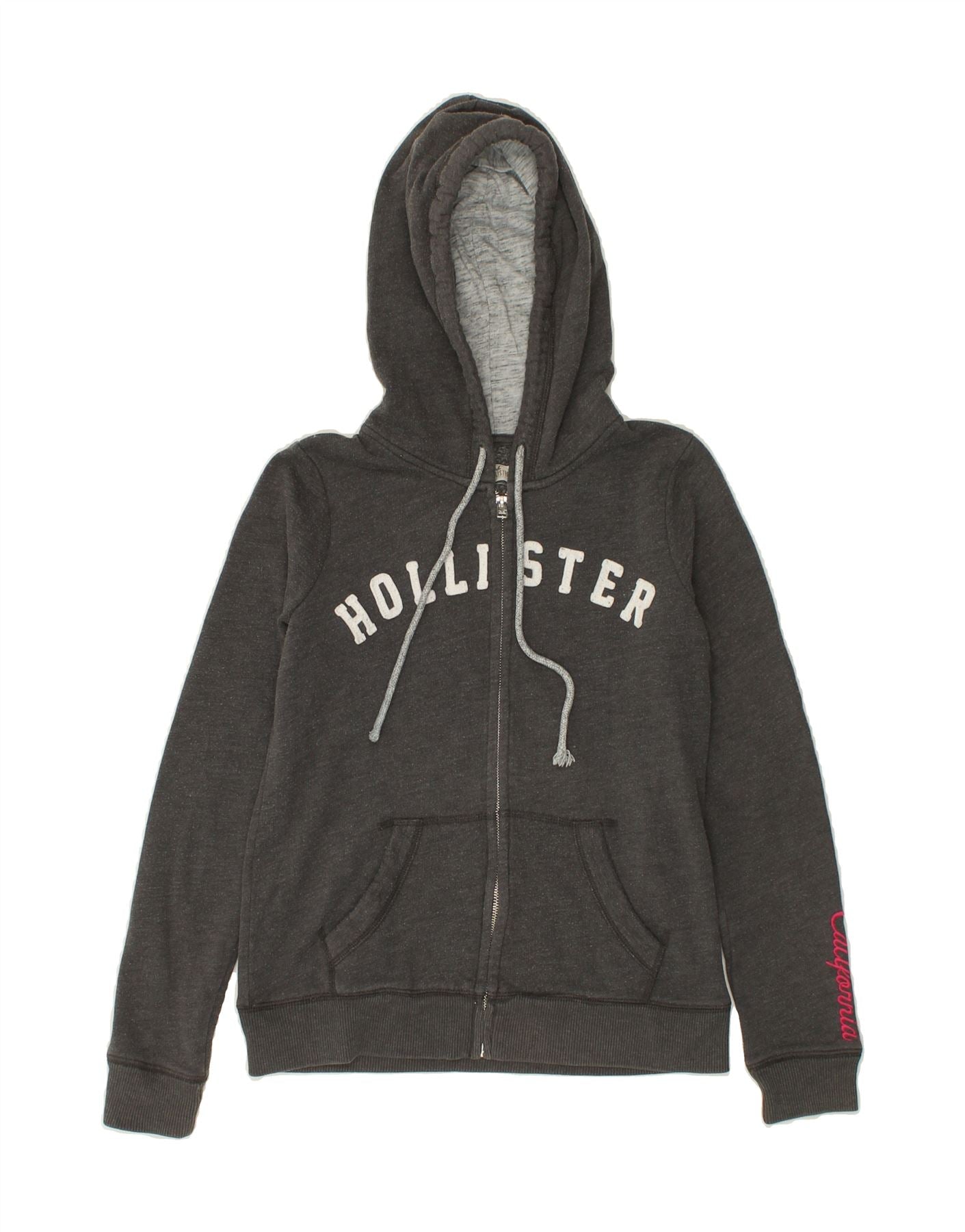 image of HOLLISTER Womens Graphic Zip Hoodie Sweater UK 14 Medium Grey Cotton